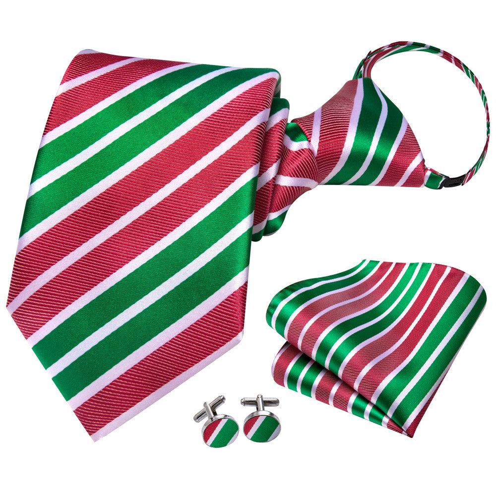 Hi-Tie Green Red Striped Christmas Kids Pre-Tied Adjustable Tie Pocket Square Set