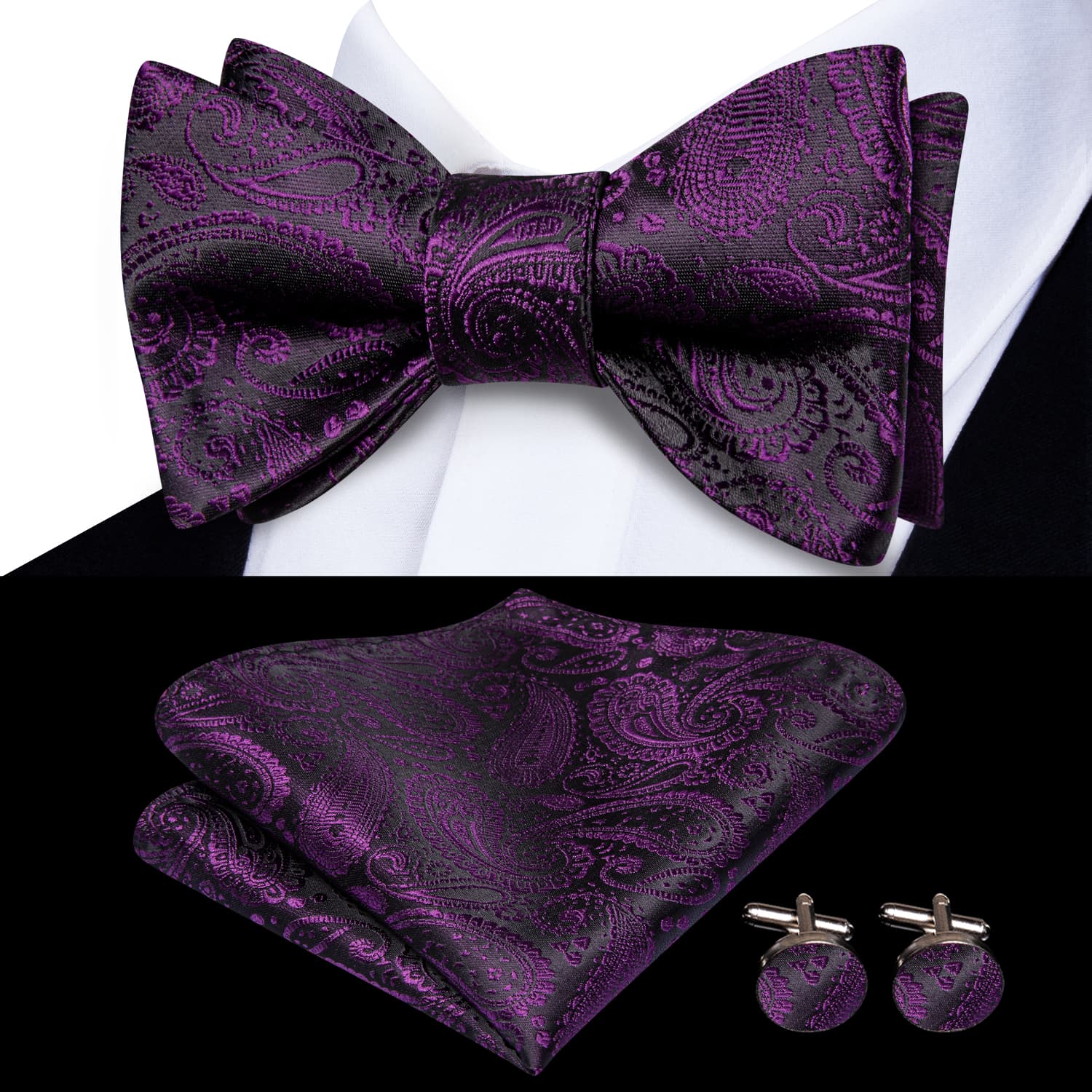 Black Tie Purple Jacquard Paisley Men Bowtie Hanky Cufflinks Set