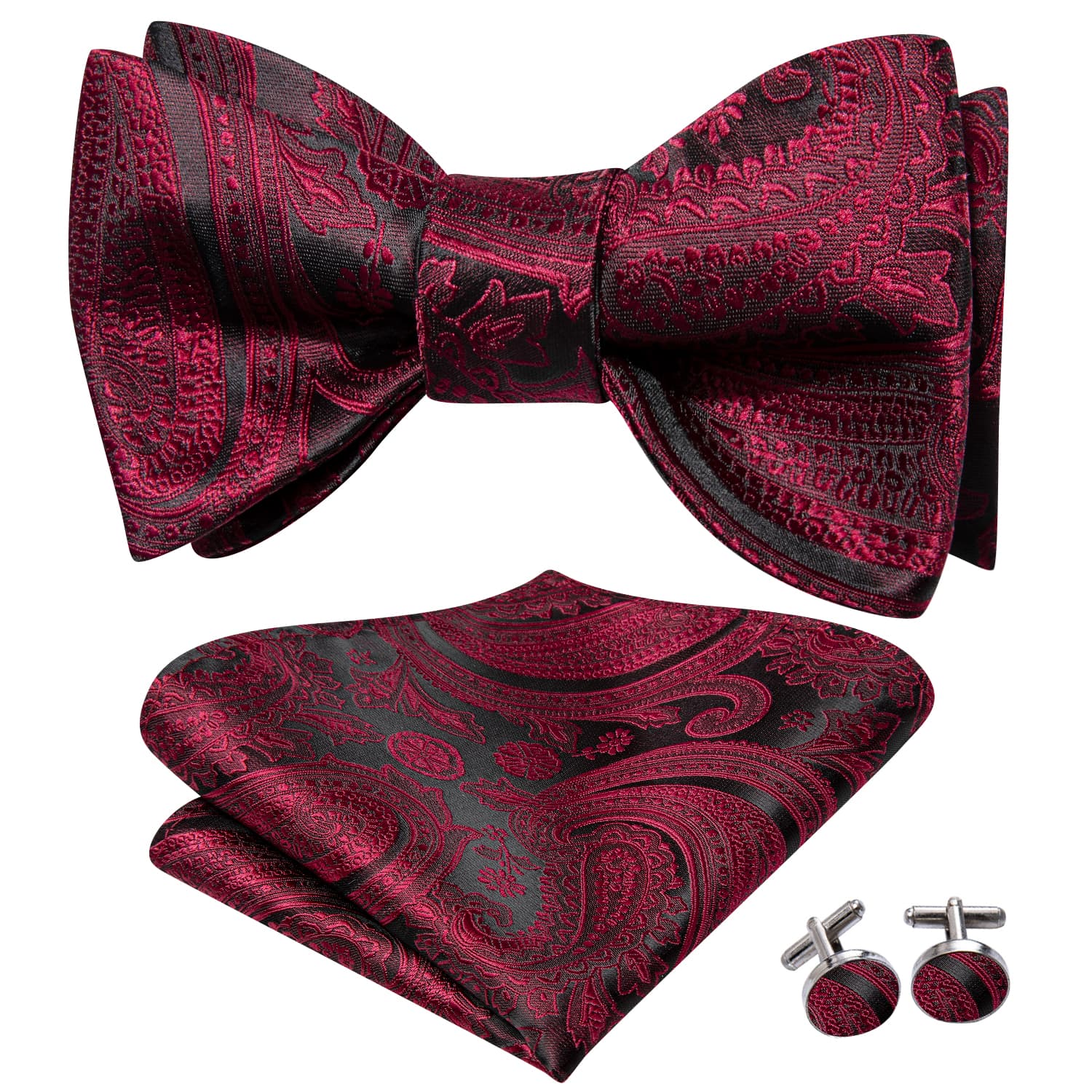  Black Burgundy Paisley Jacquard Mens Bowtie Hanky Cufflinks Set