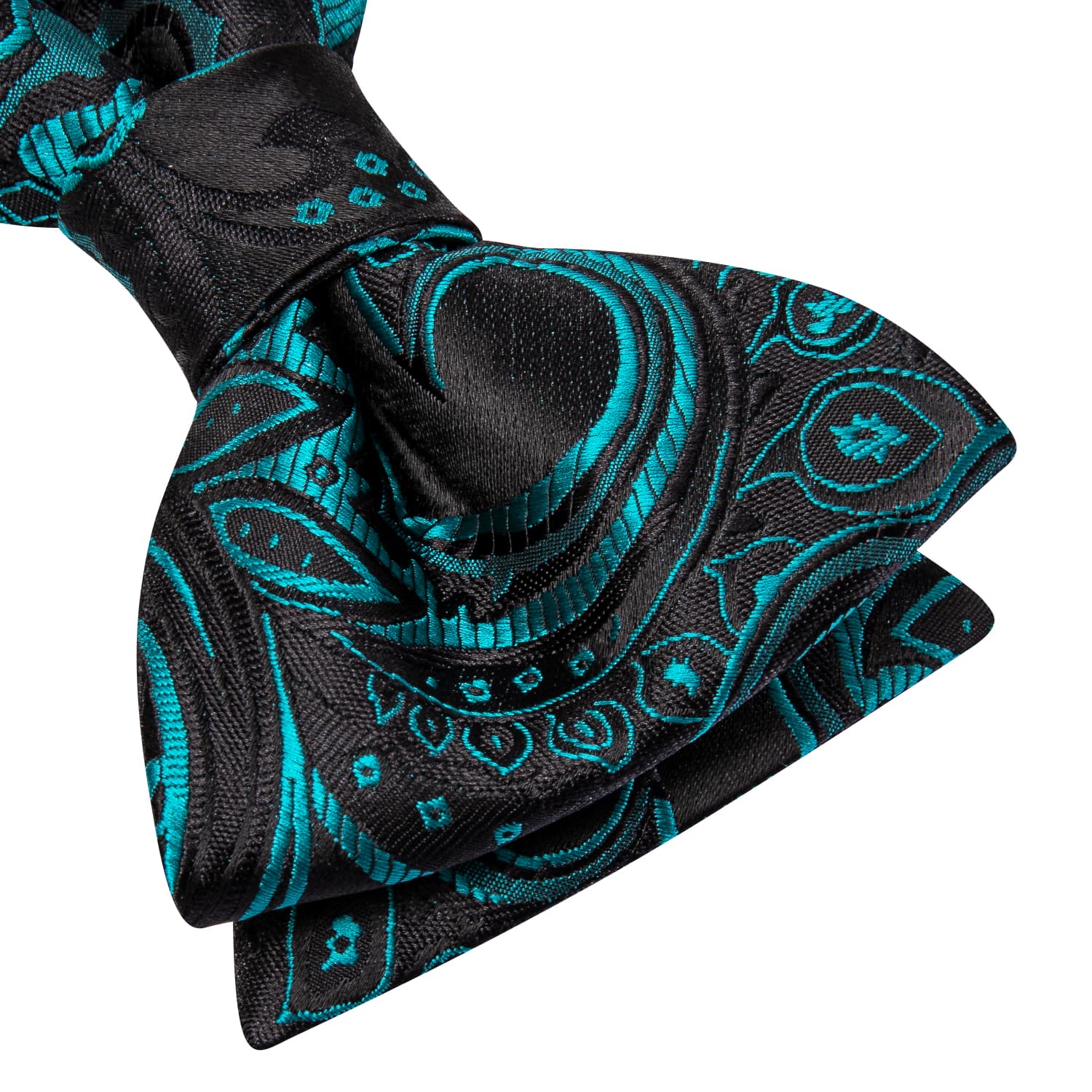 Black Teal Blue Paisley Jacquard Mens Bowtie Hanky Cufflinks Set