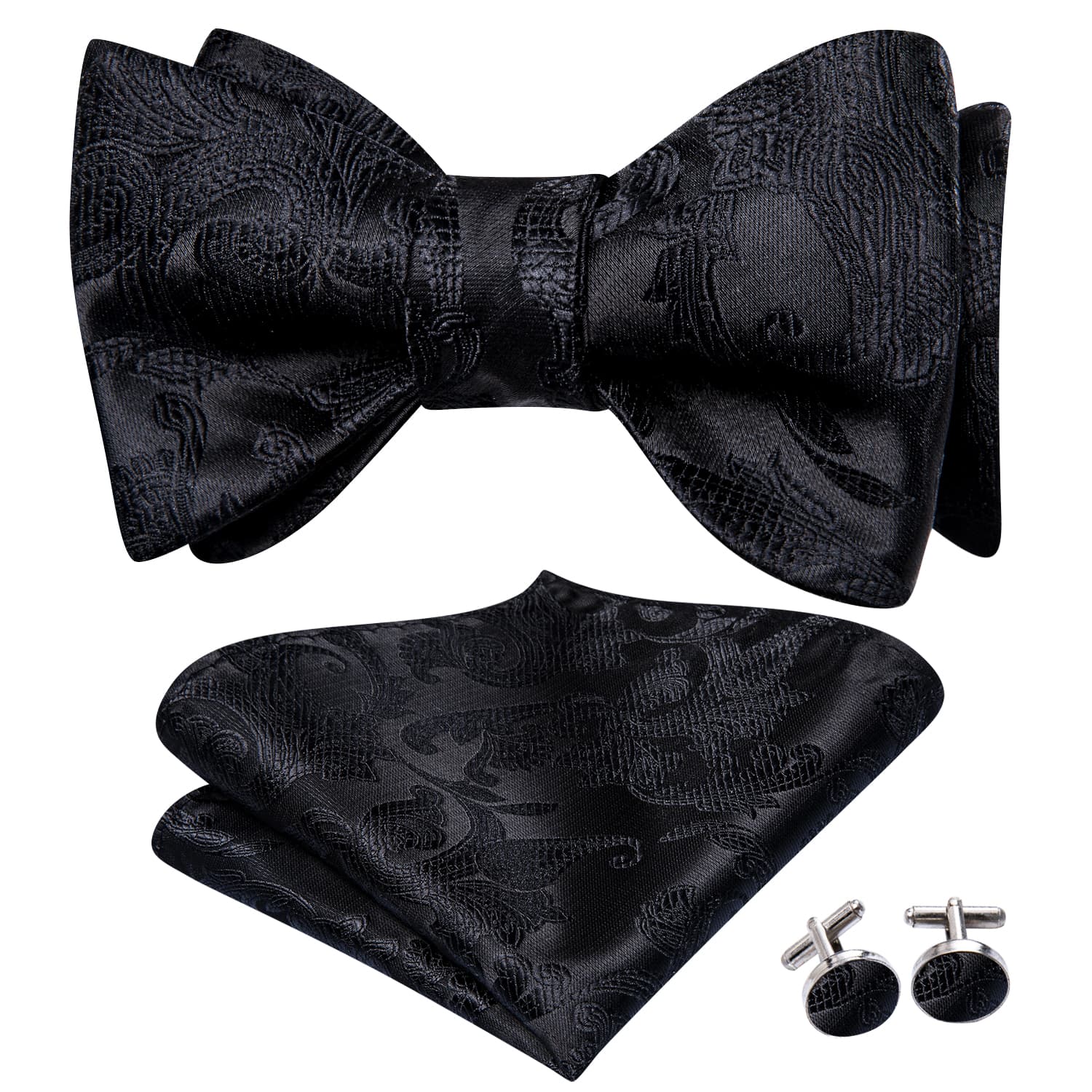  Bow Tie Black Paisley Jacquard Mens Bowtie Hanky Cufflinks Set