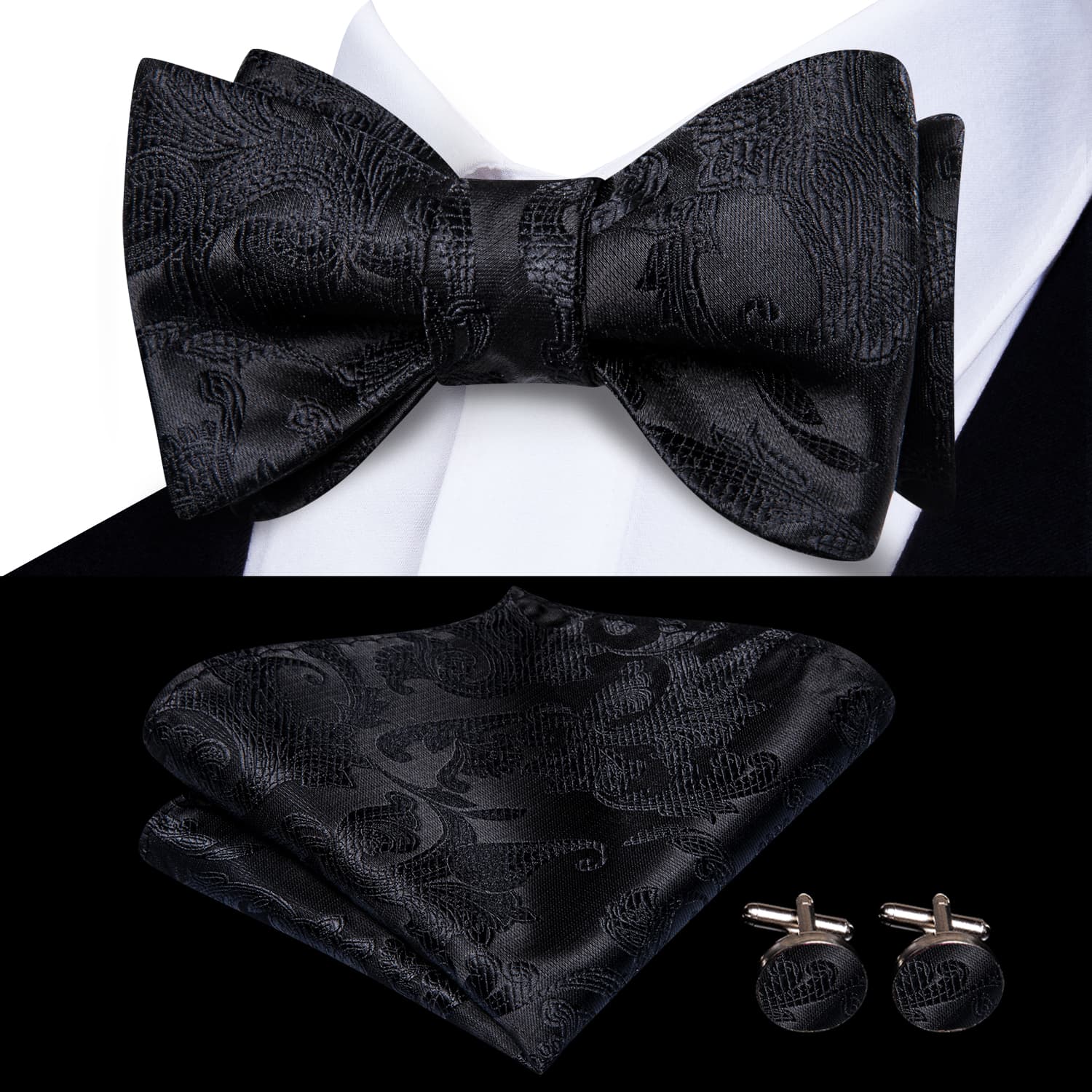  Bow Tie Black Paisley Jacquard Mens Bowtie Hanky Cufflinks Set