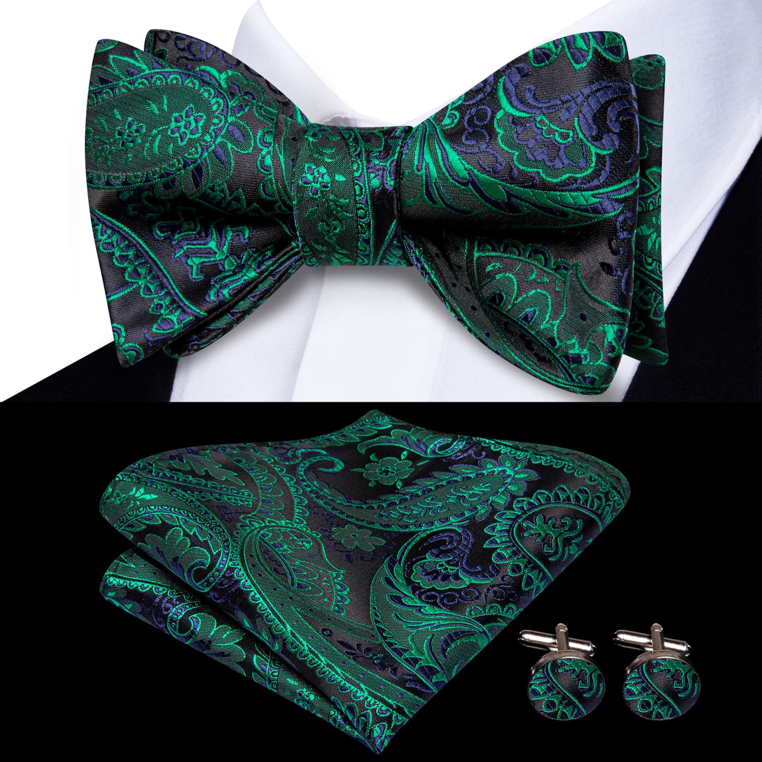 Green Bow Tie Black Paisley Jacquard Bowtie Hanky Cufflinks Set