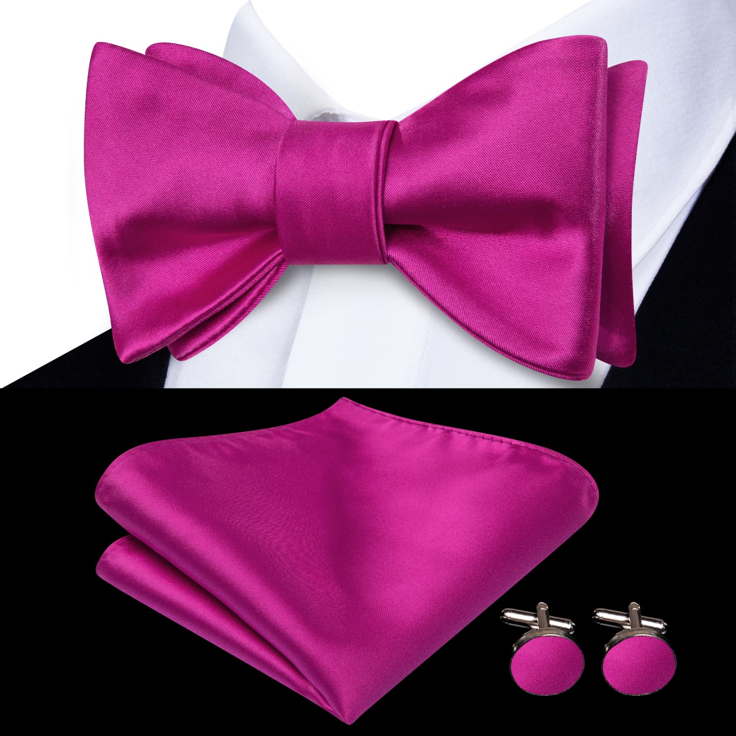 Mens Tie Deep PInk Solid Self-Tied Bowtie Hanky Cufflinks Set