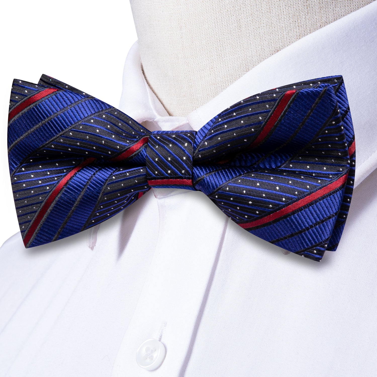 Hi-Tie Blue Red Striped Pre-tied Bow Tie Hanky Cufflinks Set