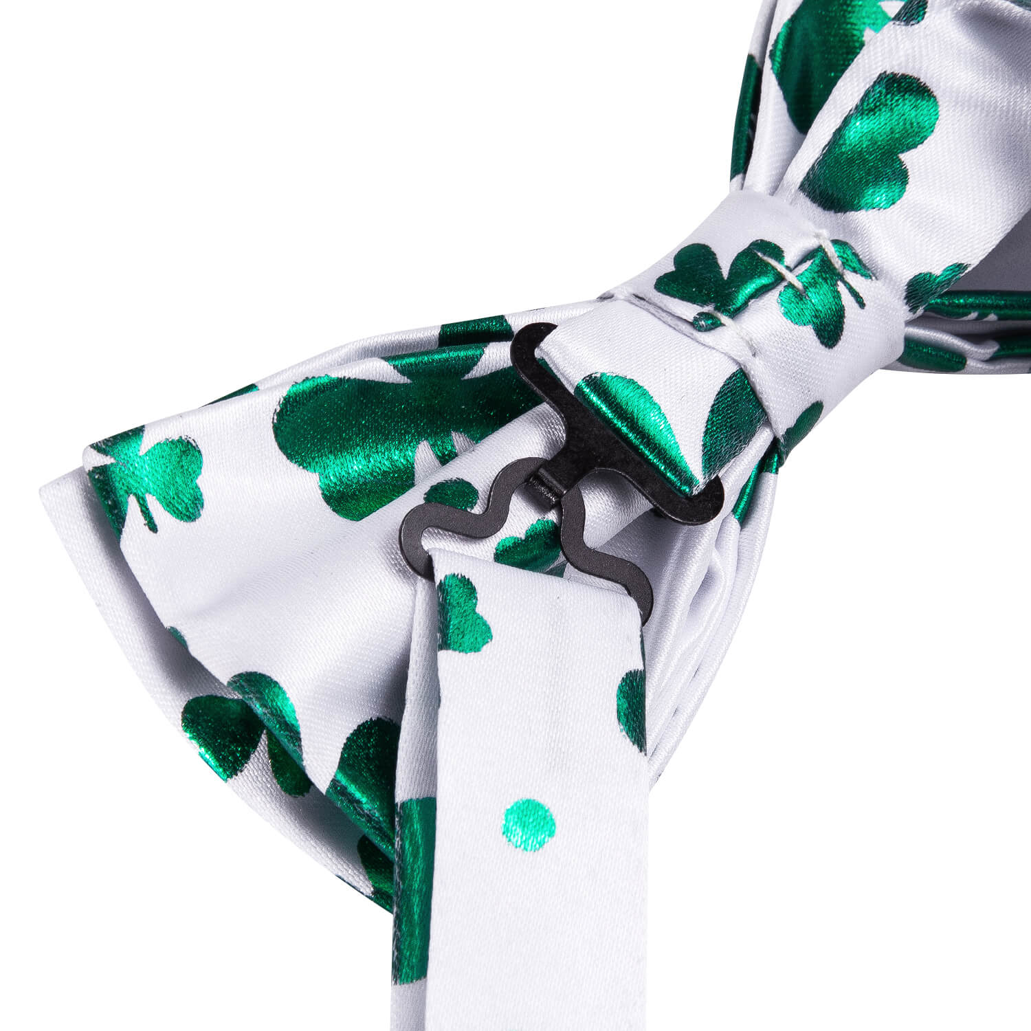 Hi-Tie White Green Clover Pre-Tied Bow Tie Handkerchief Cufflink Set