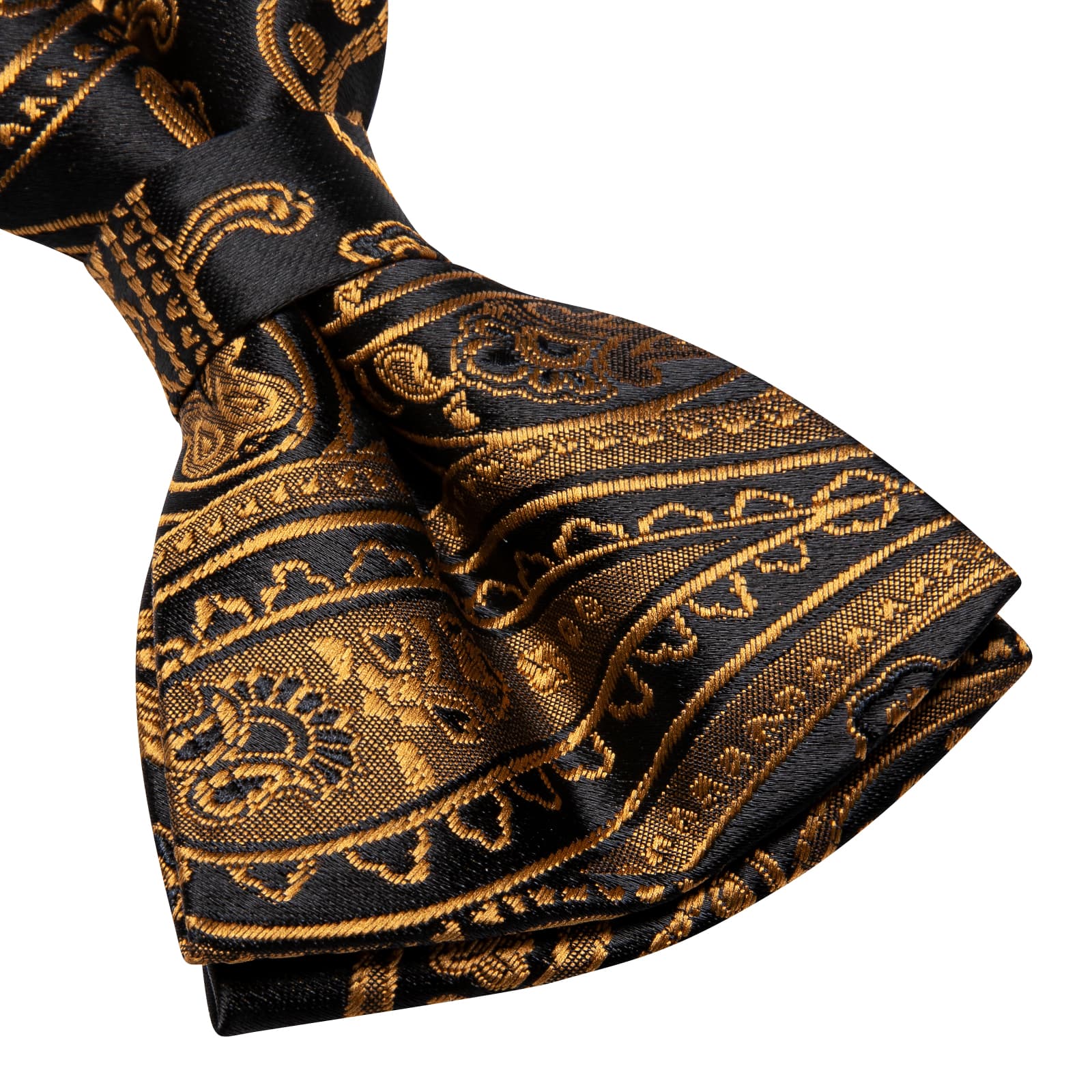 Black Pale Gold Paisley Pre-Tied Bowtie Hanky Cufflinks Set