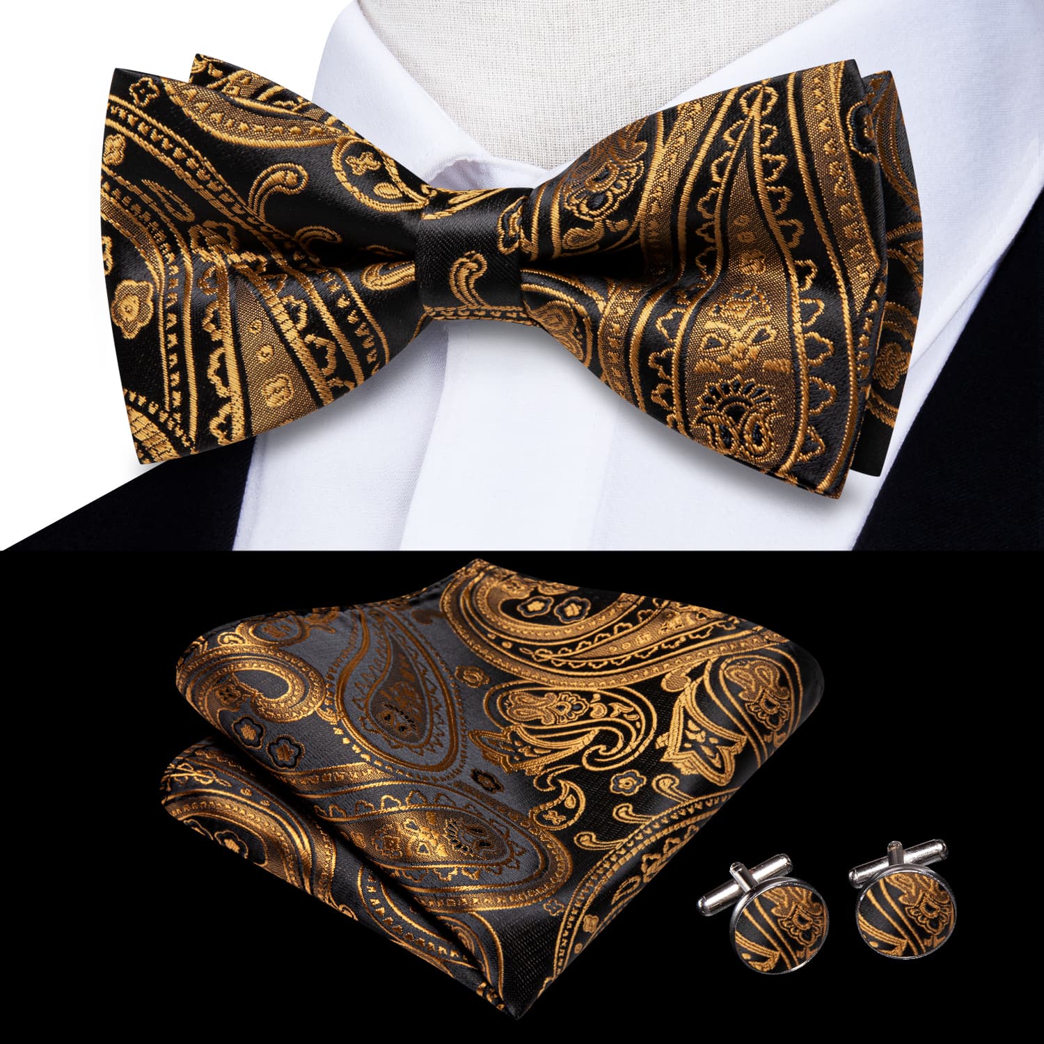 Black Pale Gold Paisley Pre-Tied Bowtie Hanky Cufflinks Set