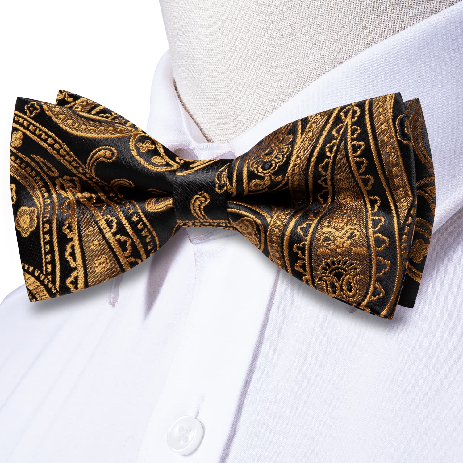 Black Pale Gold Paisley Pre-Tied Bowtie Hanky Cufflinks Set