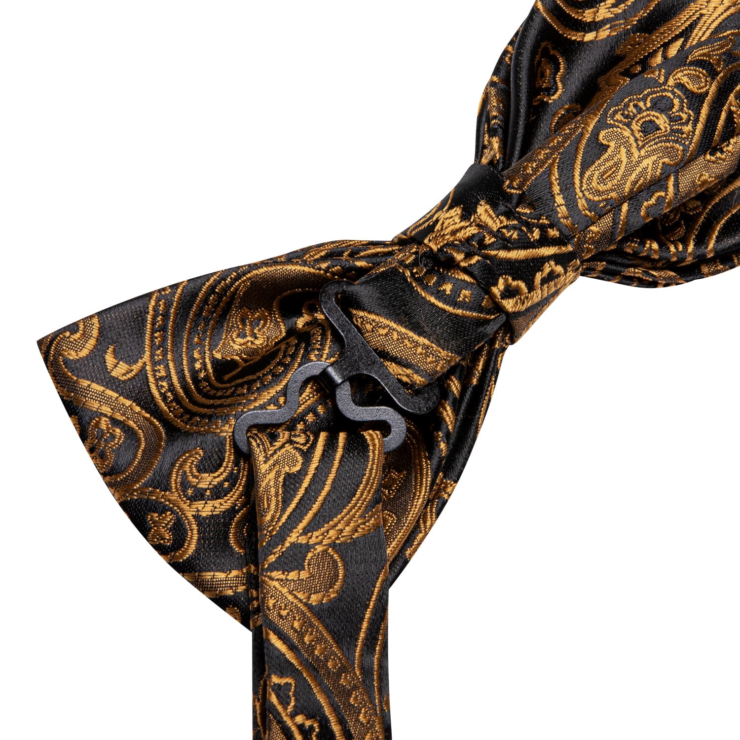 Black Pale Gold Paisley Pre-Tied Bowtie Hanky Cufflinks Set