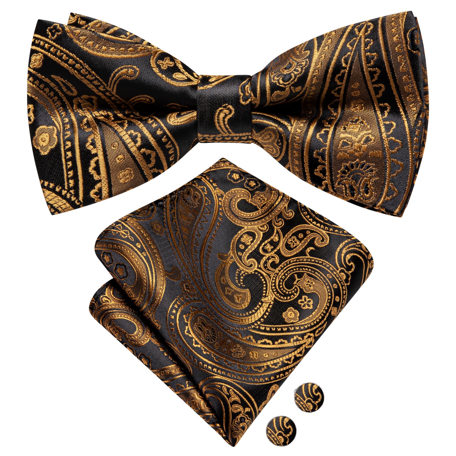 Black Pale Gold Paisley Pre-Tied Bowtie Hanky Cufflinks Set