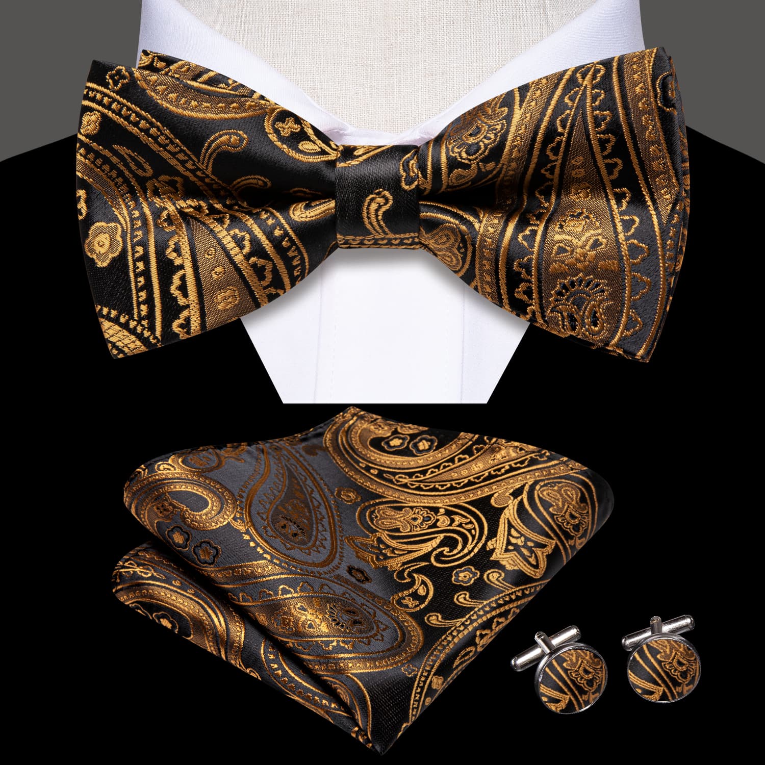 Black Pale Gold Paisley Pre-Tied Bowtie Hanky Cufflinks Set