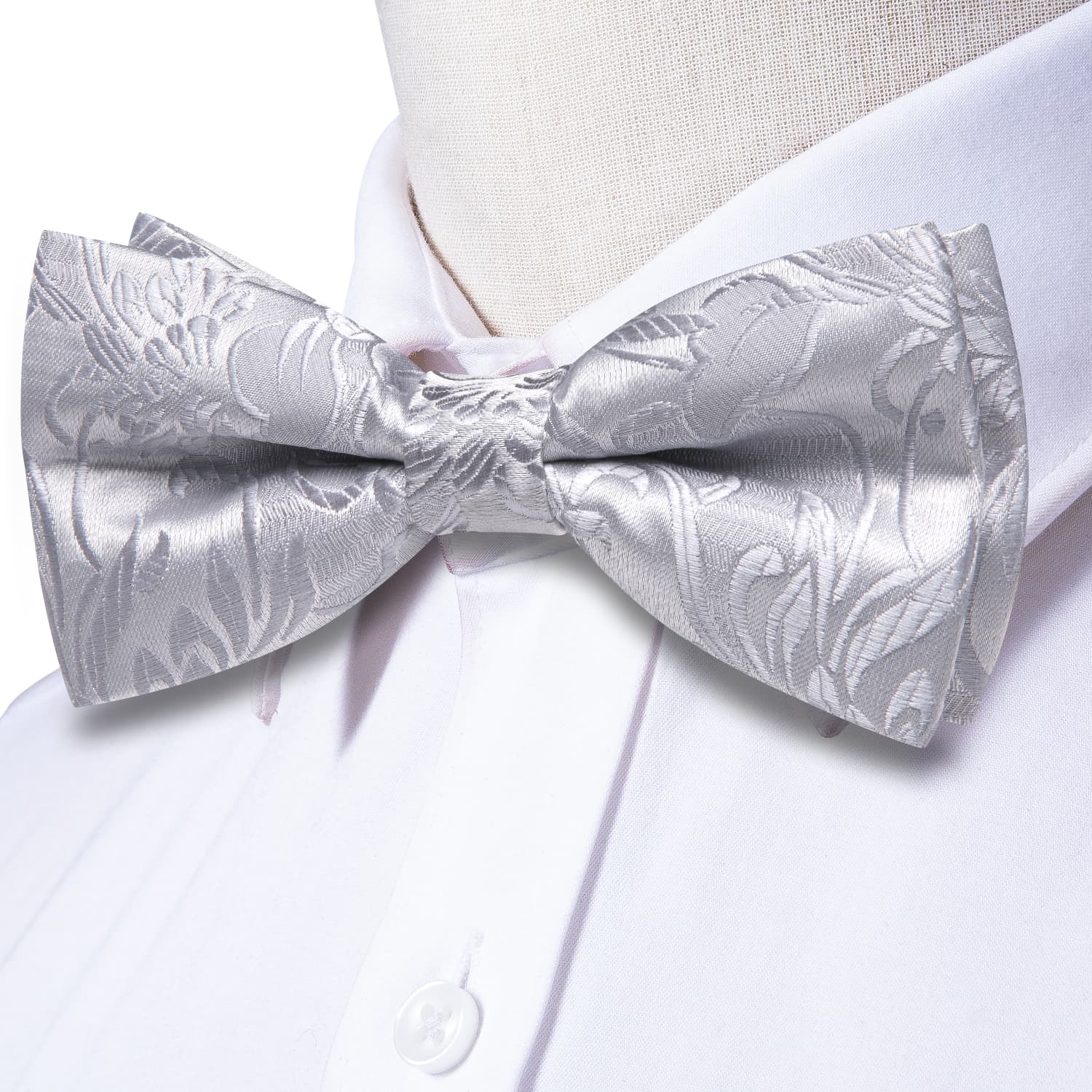  Light Grey White Floral Tie Pre-Tied Bowtie Hanky Cufflinks Set