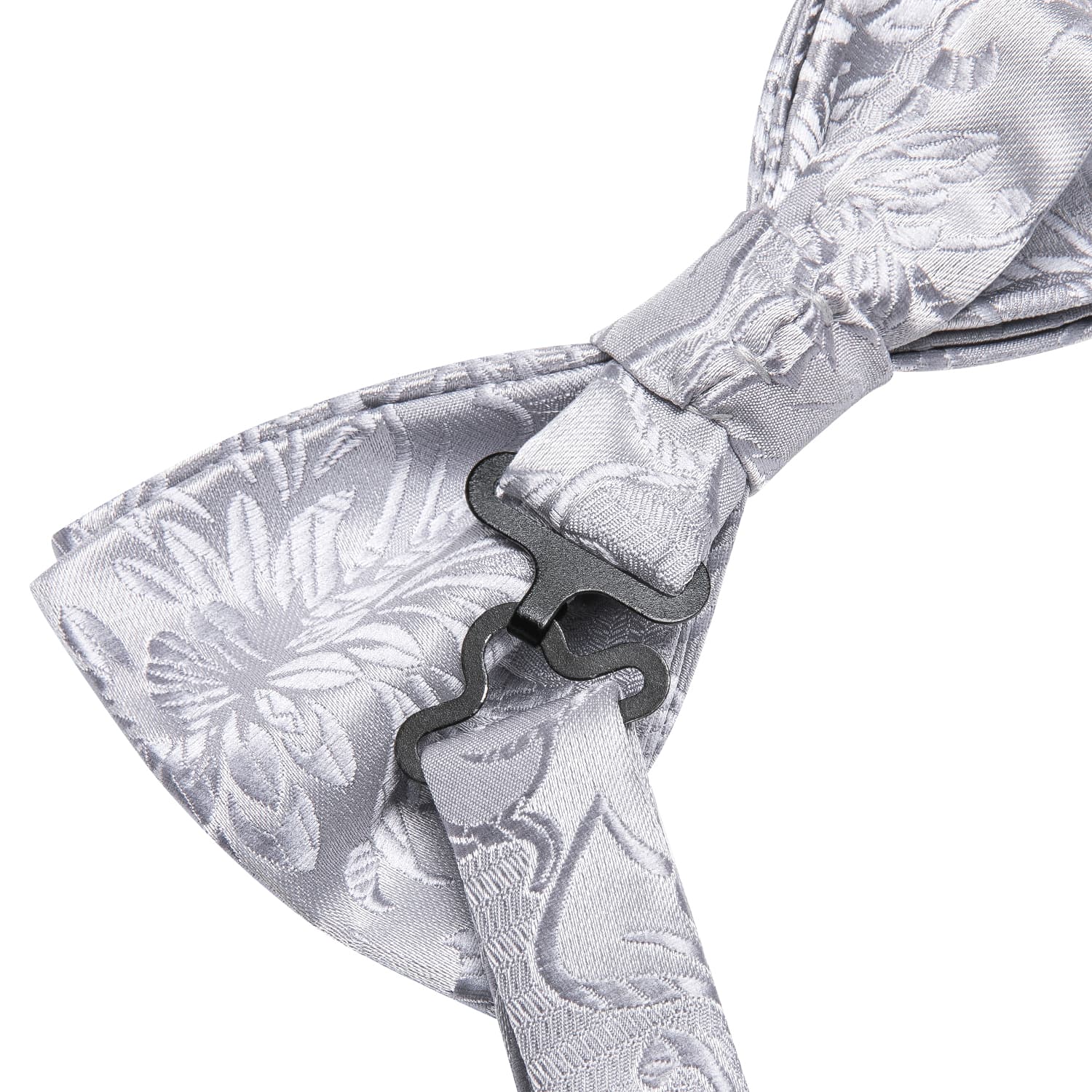  Light Grey White Floral Tie Pre-Tied Bowtie Hanky Cufflinks Set