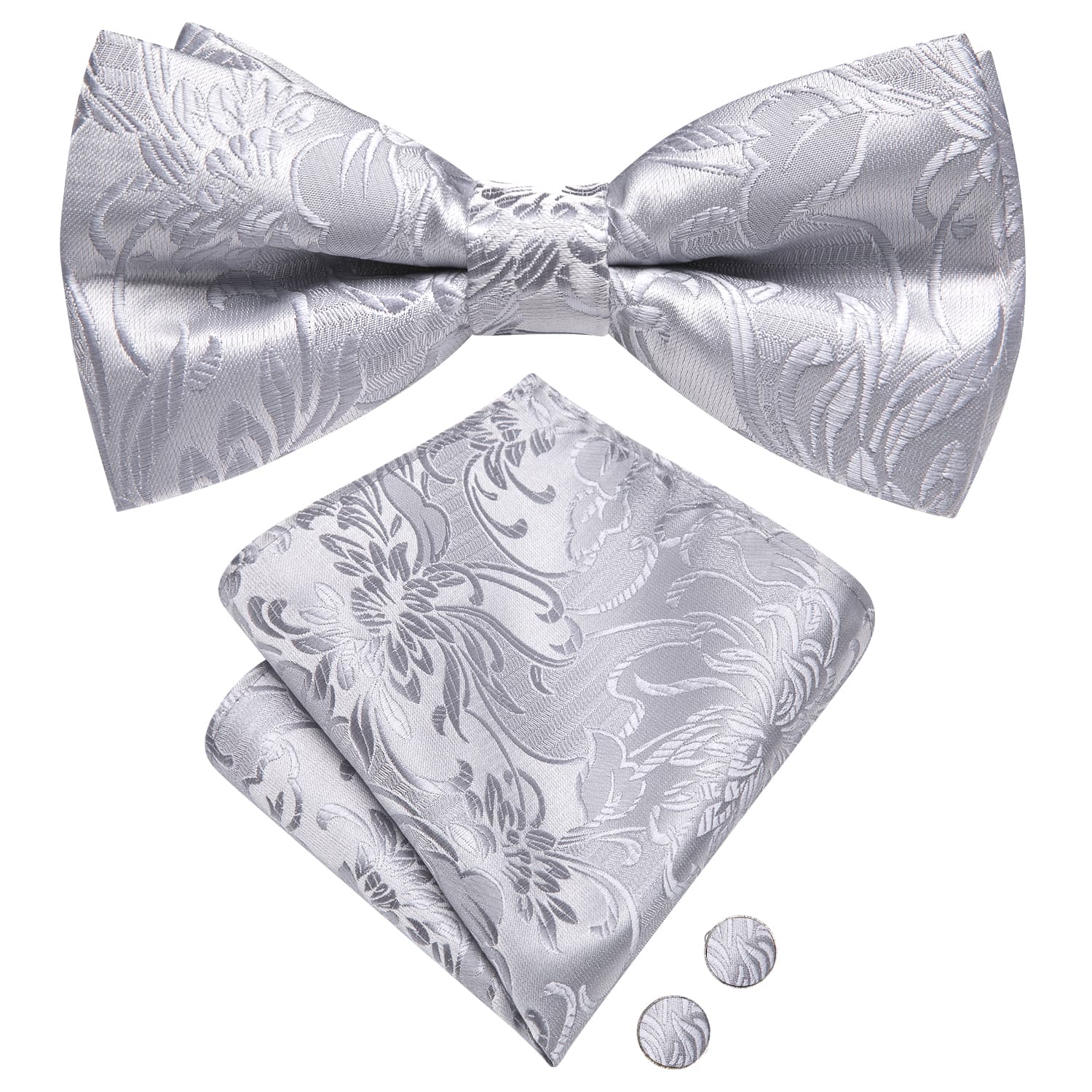  Light Grey White Floral Tie Pre-Tied Bowtie Hanky Cufflinks Set