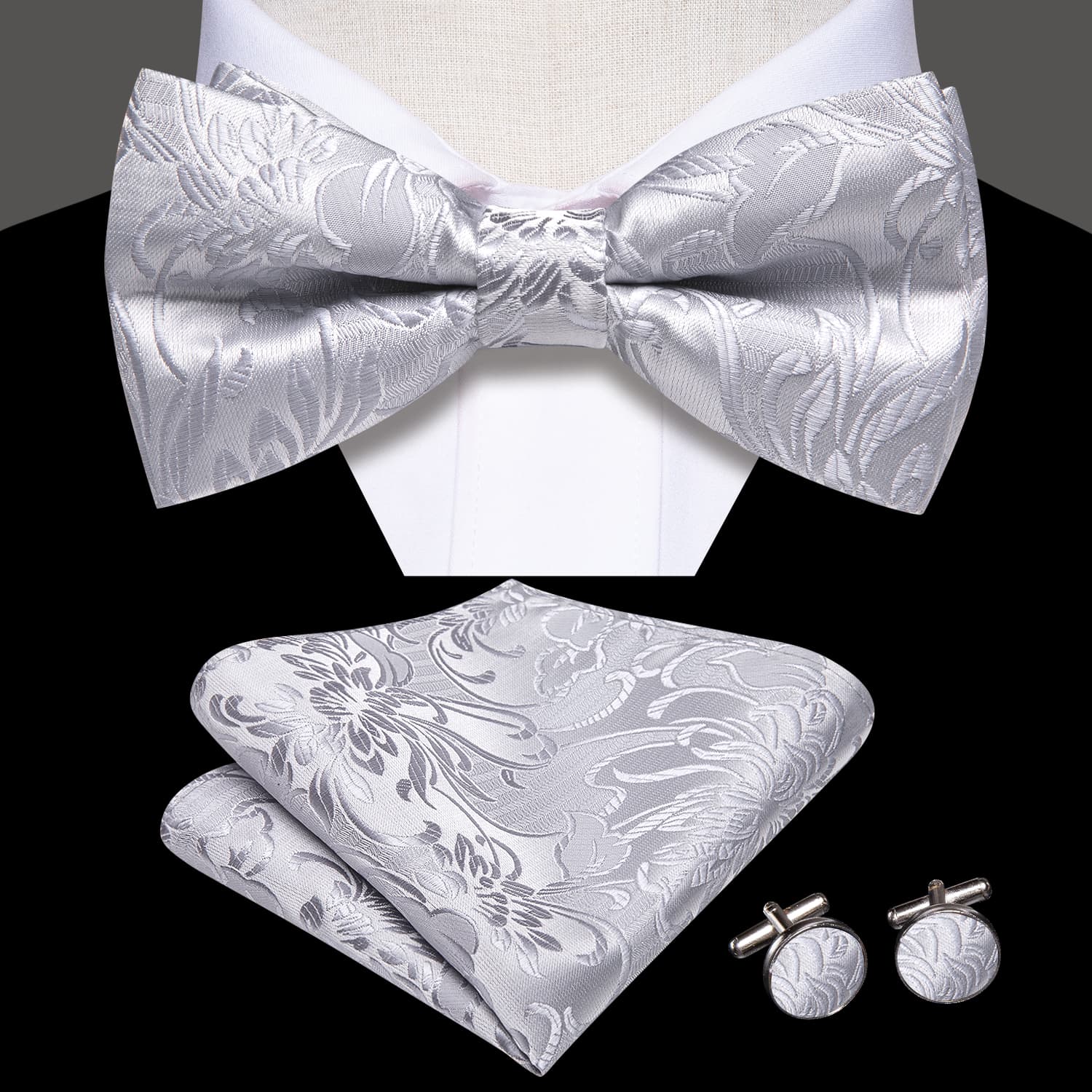  Light Grey White Floral Tie Pre-Tied Bowtie Hanky Cufflinks Set