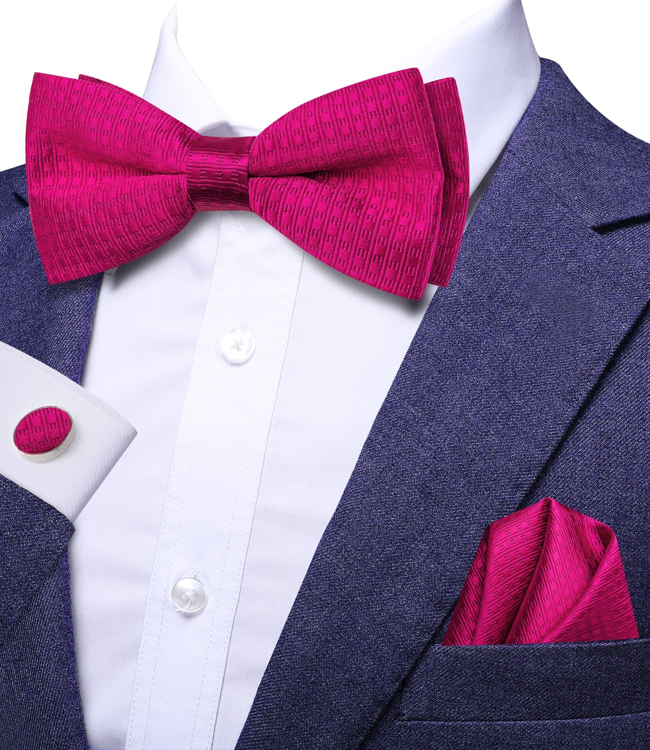 Wivid Cerise Color Pre-Tied Bowtie Hanky Cufflinks Set  for Men