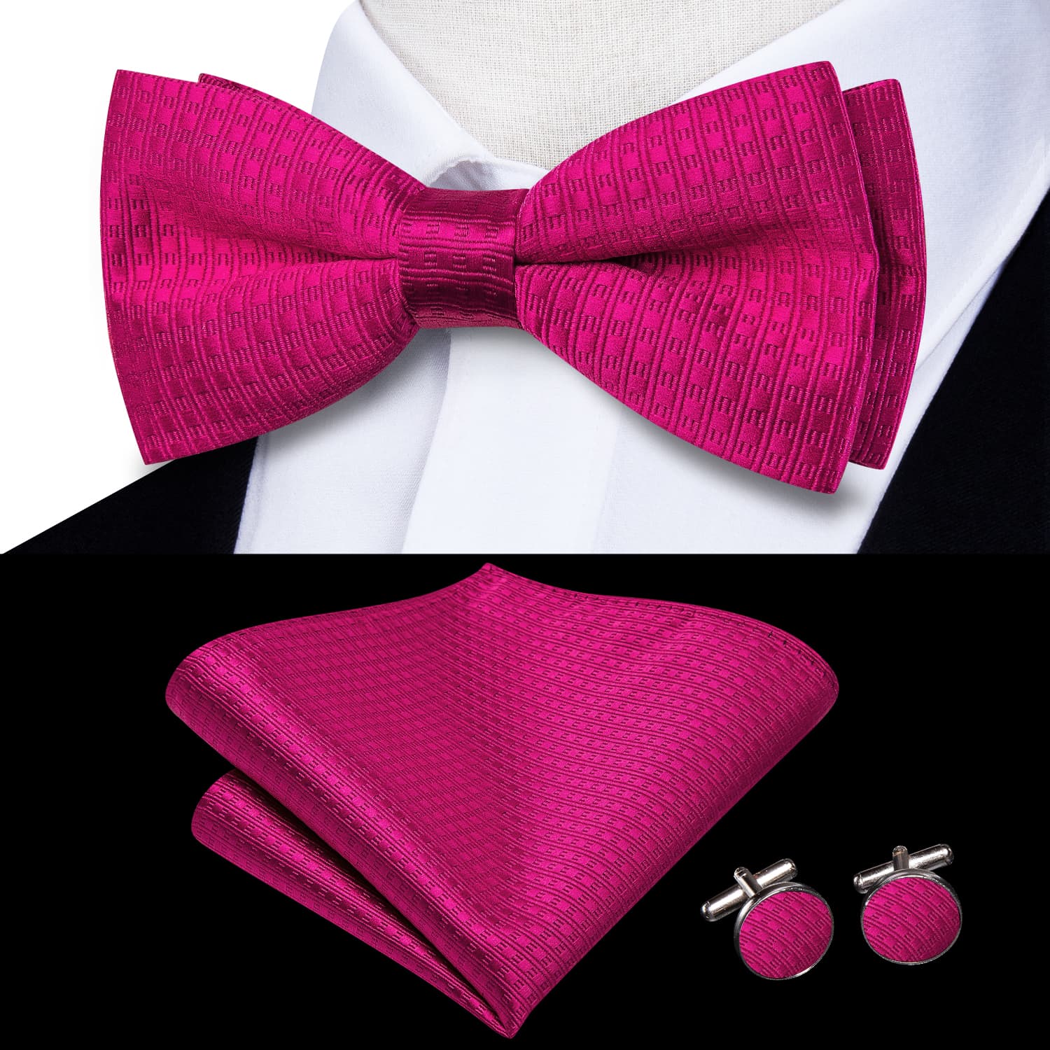 Wivid Cerise Color Pre-Tied Bowtie Hanky Cufflinks Set  for Men