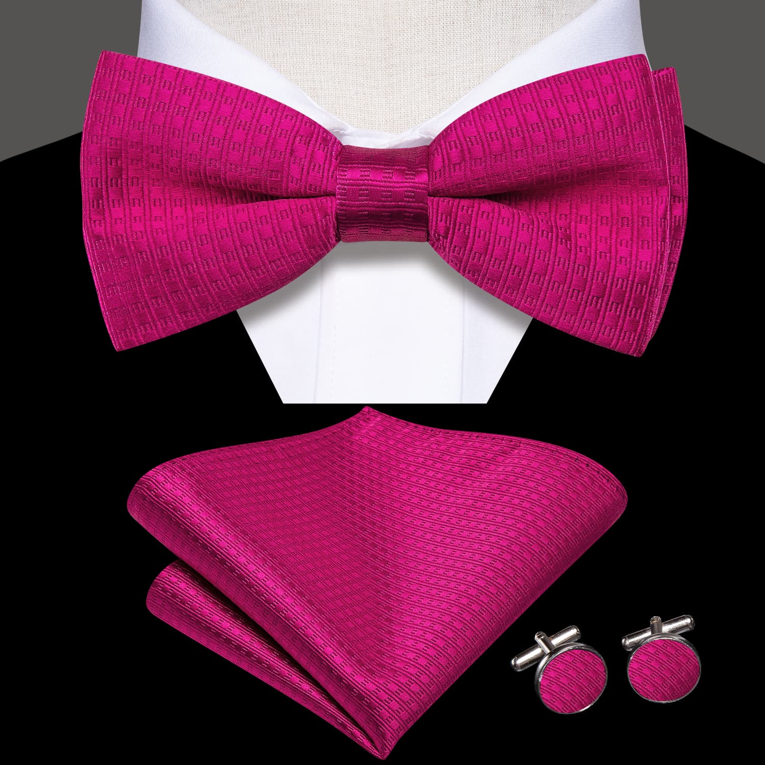 Wivid Cerise Color Pre-Tied Bowtie Hanky Cufflinks Set  for Men