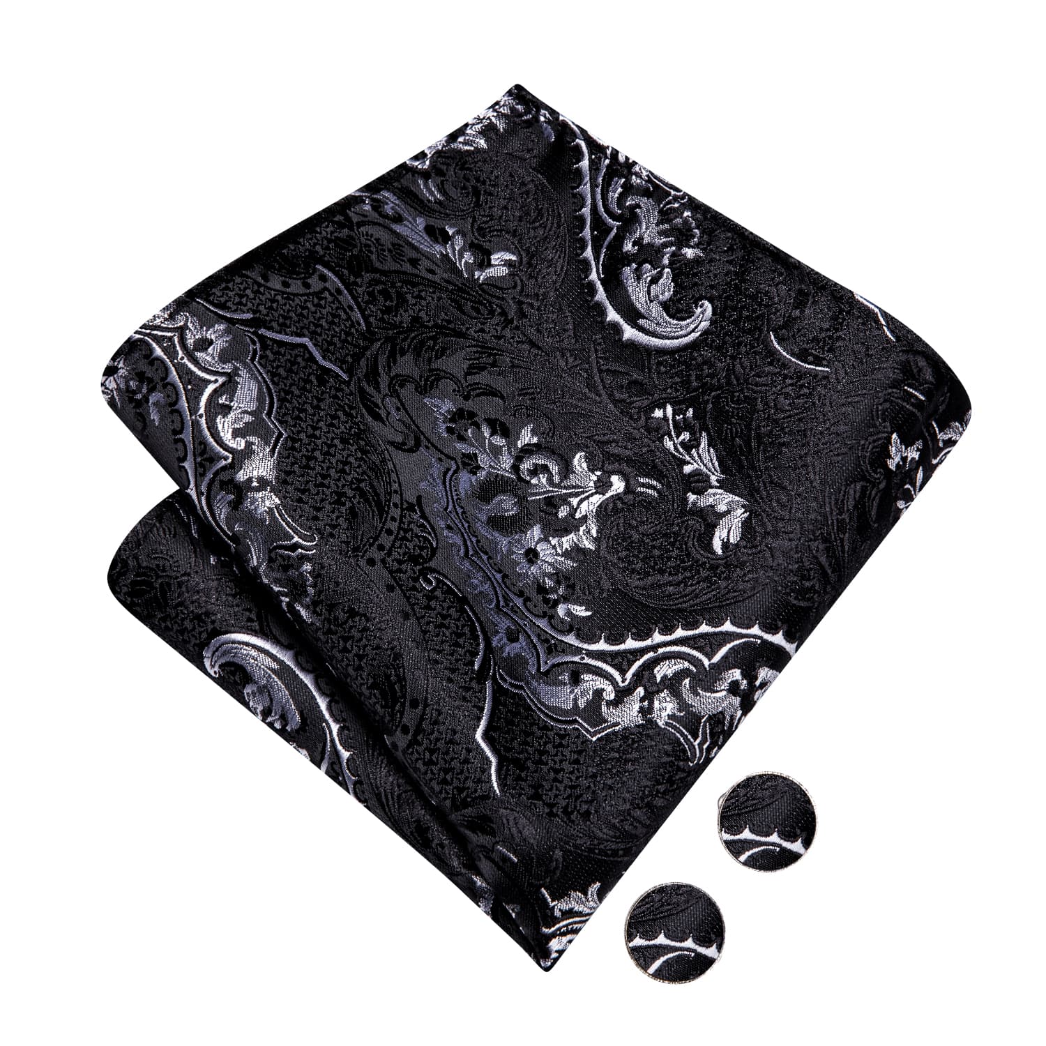  Black Necktie Grey Jacquard Floral Bow Tie Hanky Cufflinks Set