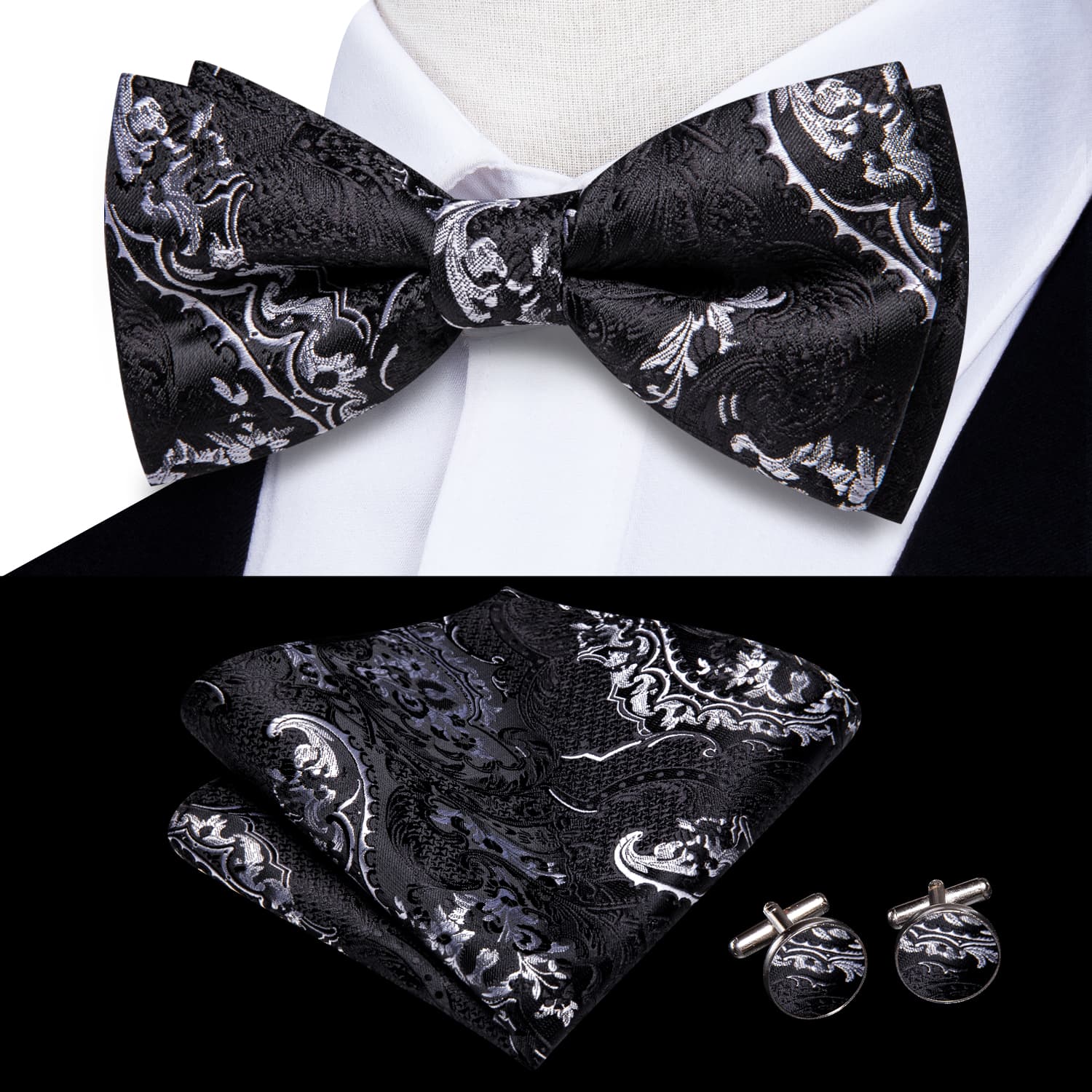  Black Necktie Grey Jacquard Floral Bow Tie Hanky Cufflinks Set