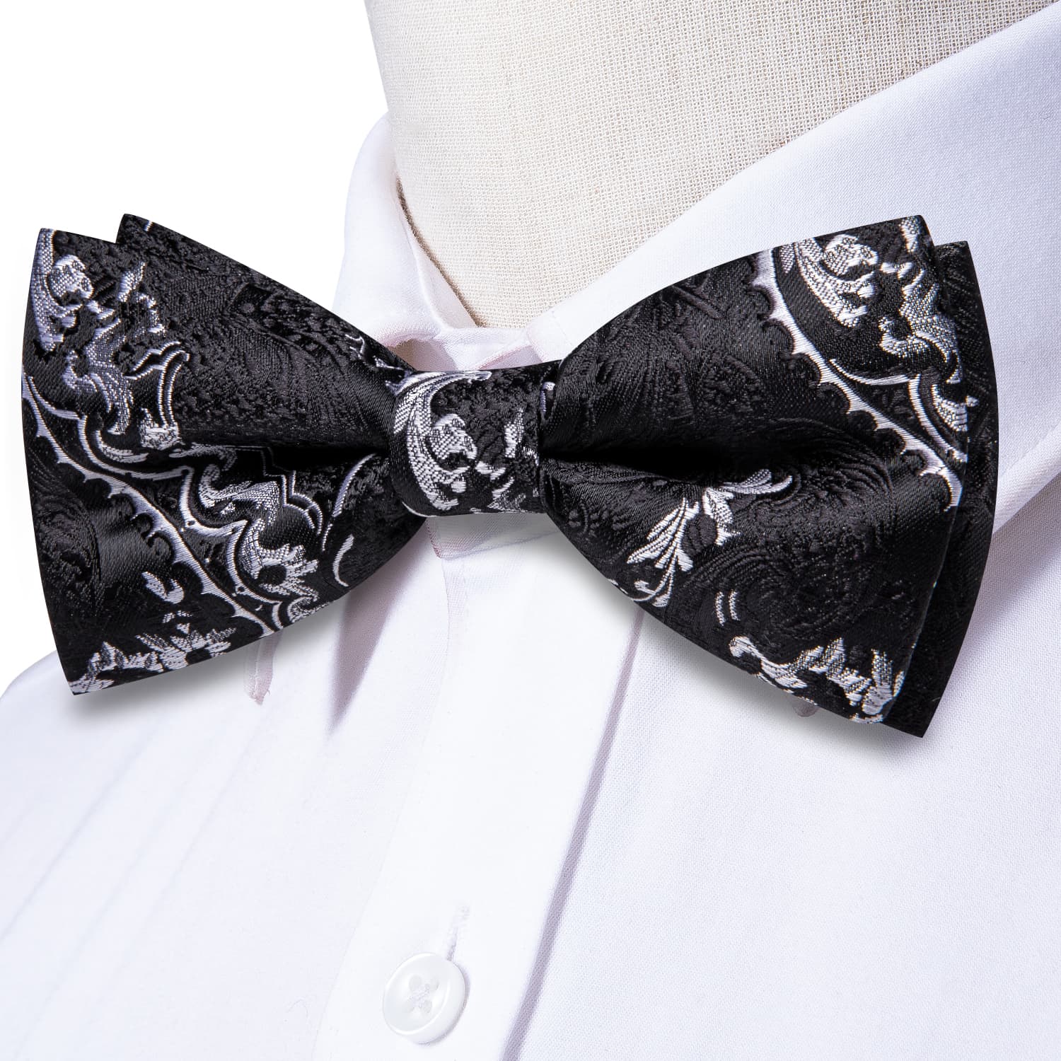  Black Necktie Grey Jacquard Floral Bow Tie Hanky Cufflinks Set