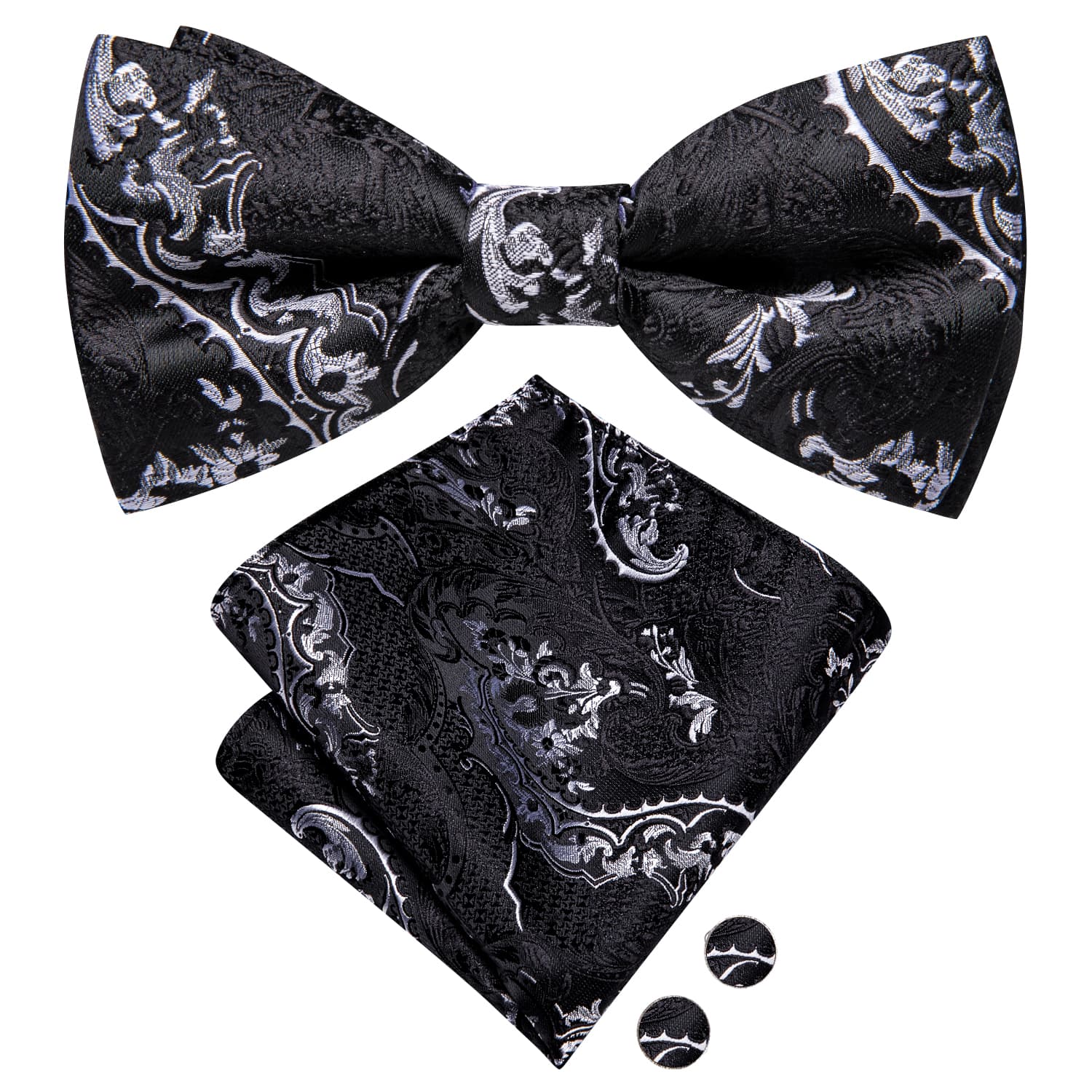  Black Necktie Grey Jacquard Floral Bow Tie Hanky Cufflinks Set