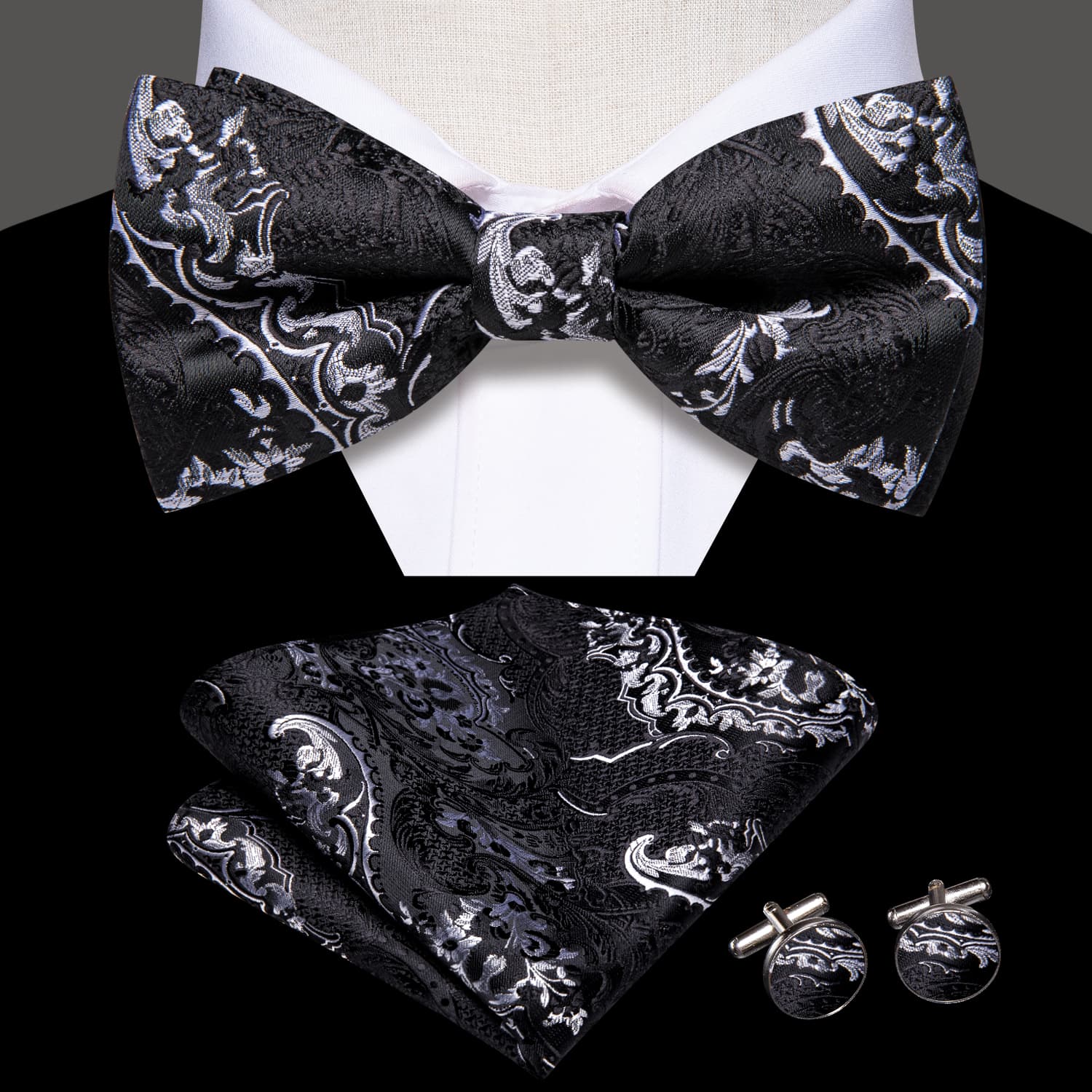  Black Necktie Grey Jacquard Floral Bow Tie Hanky Cufflinks Set