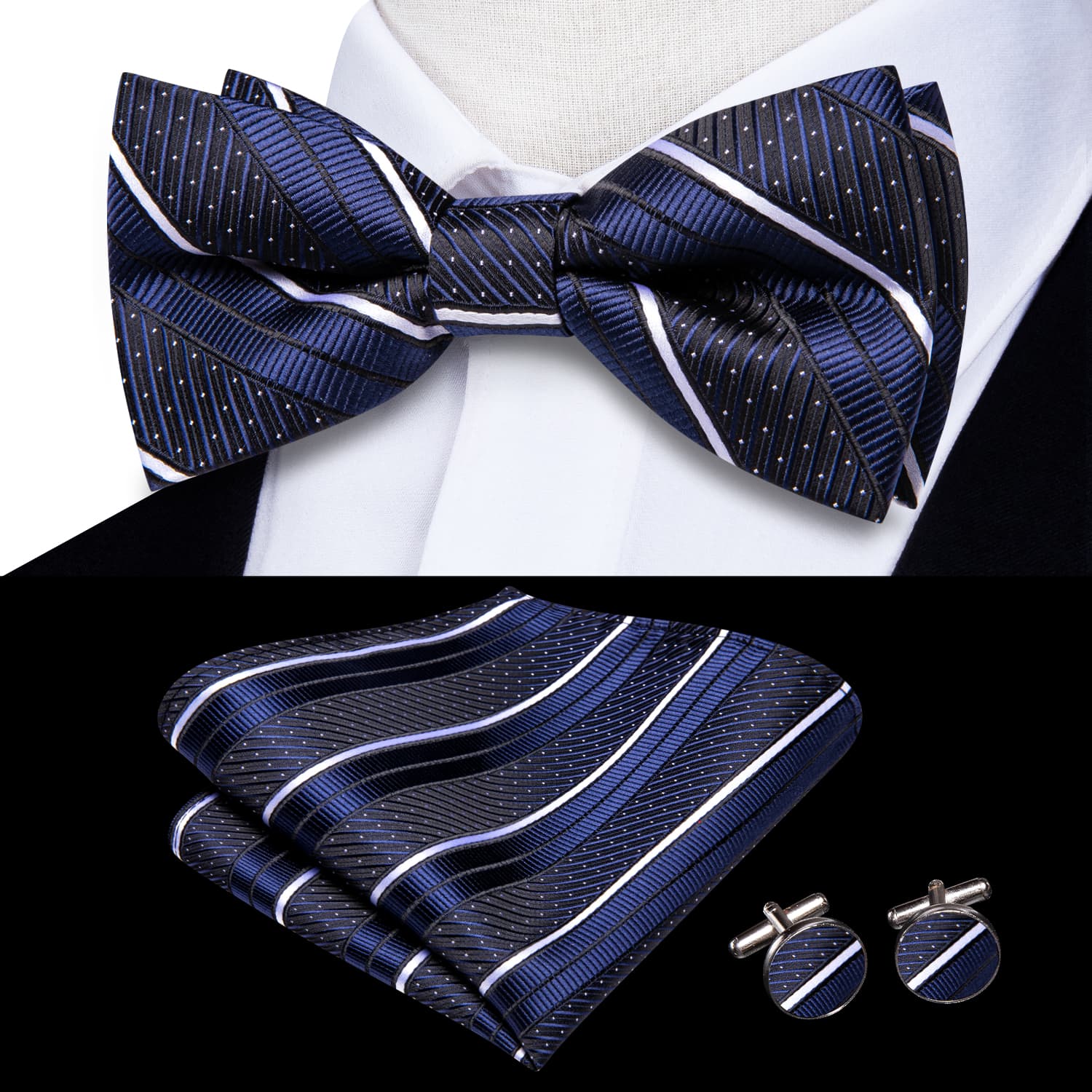  Pre-Tied Bow Tie Dark Blue White Stripe Tie Hanky Cufflinks Set