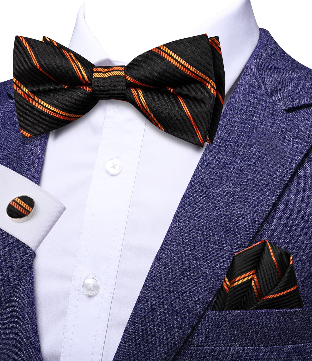 Black Pre-Tied Bow Tie Orange Stripes Tie Hanky Cufflinks Set