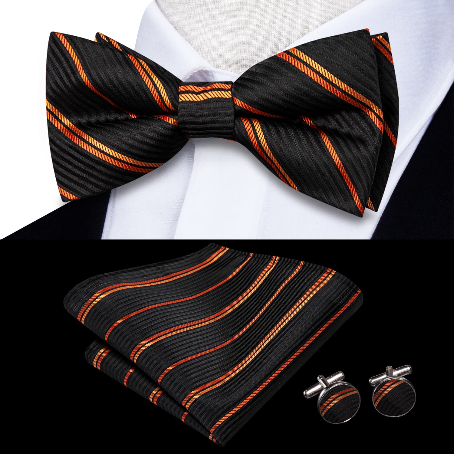 Black Pre-Tied Bow Tie Orange Stripes Tie Hanky Cufflinks Set