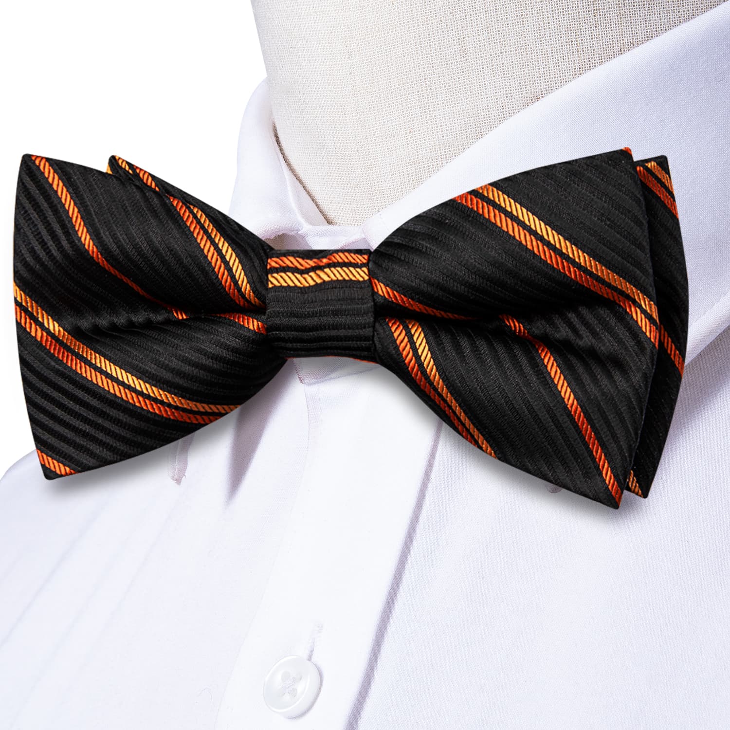 Black Pre-Tied Bow Tie Orange Stripes Tie Hanky Cufflinks Set