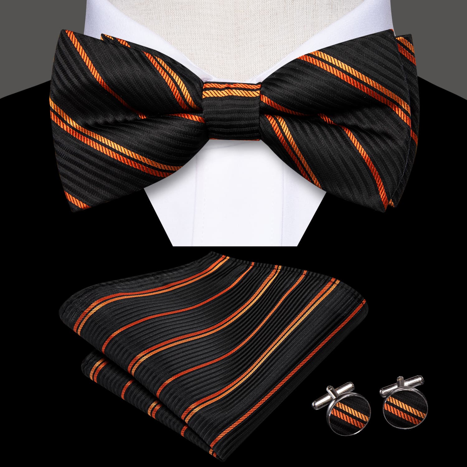 Black Pre-Tied Bow Tie Orange Stripes Tie Hanky Cufflinks Set