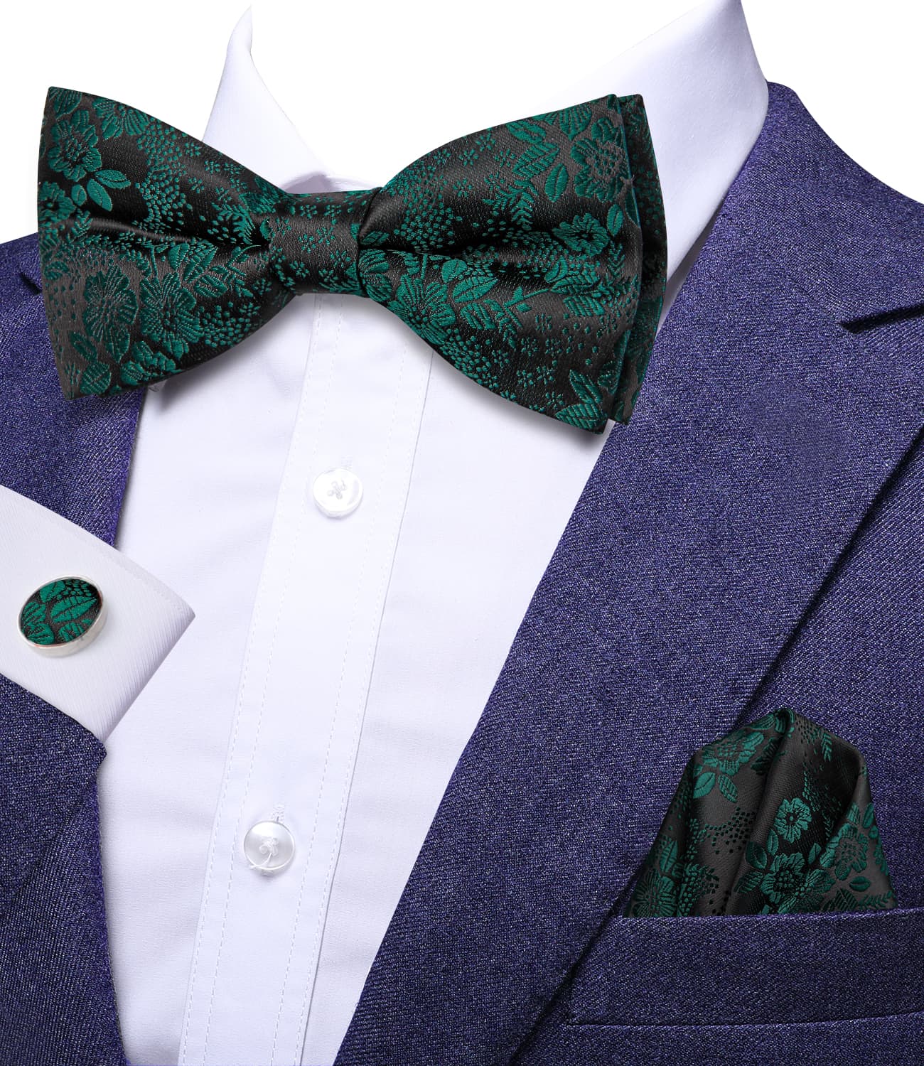 Black Pre-Tied Bow Tie Emerald Green Jacquard Floral Tie Set