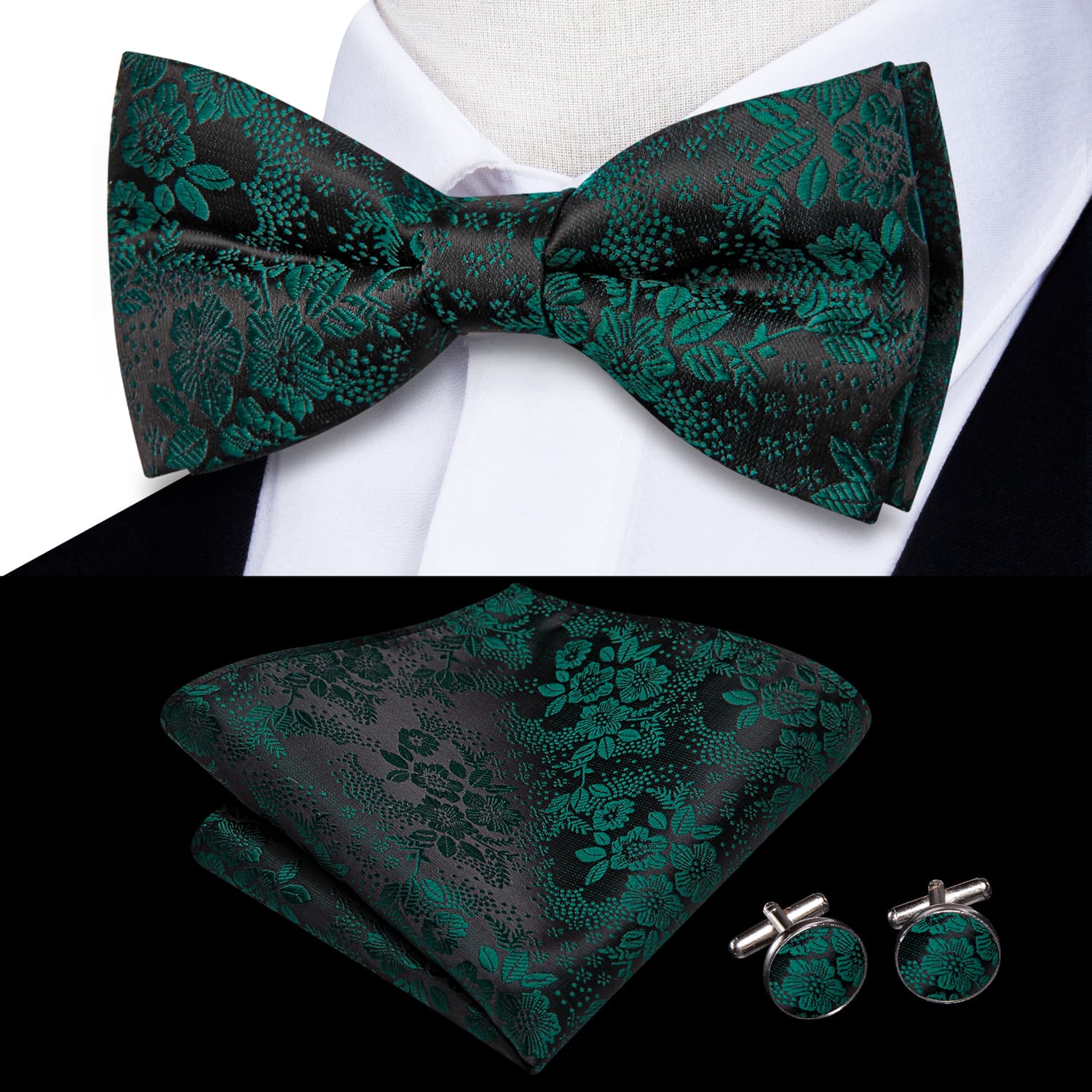 Black Pre-Tied Bow Tie Emerald Green Jacquard Floral Tie Set