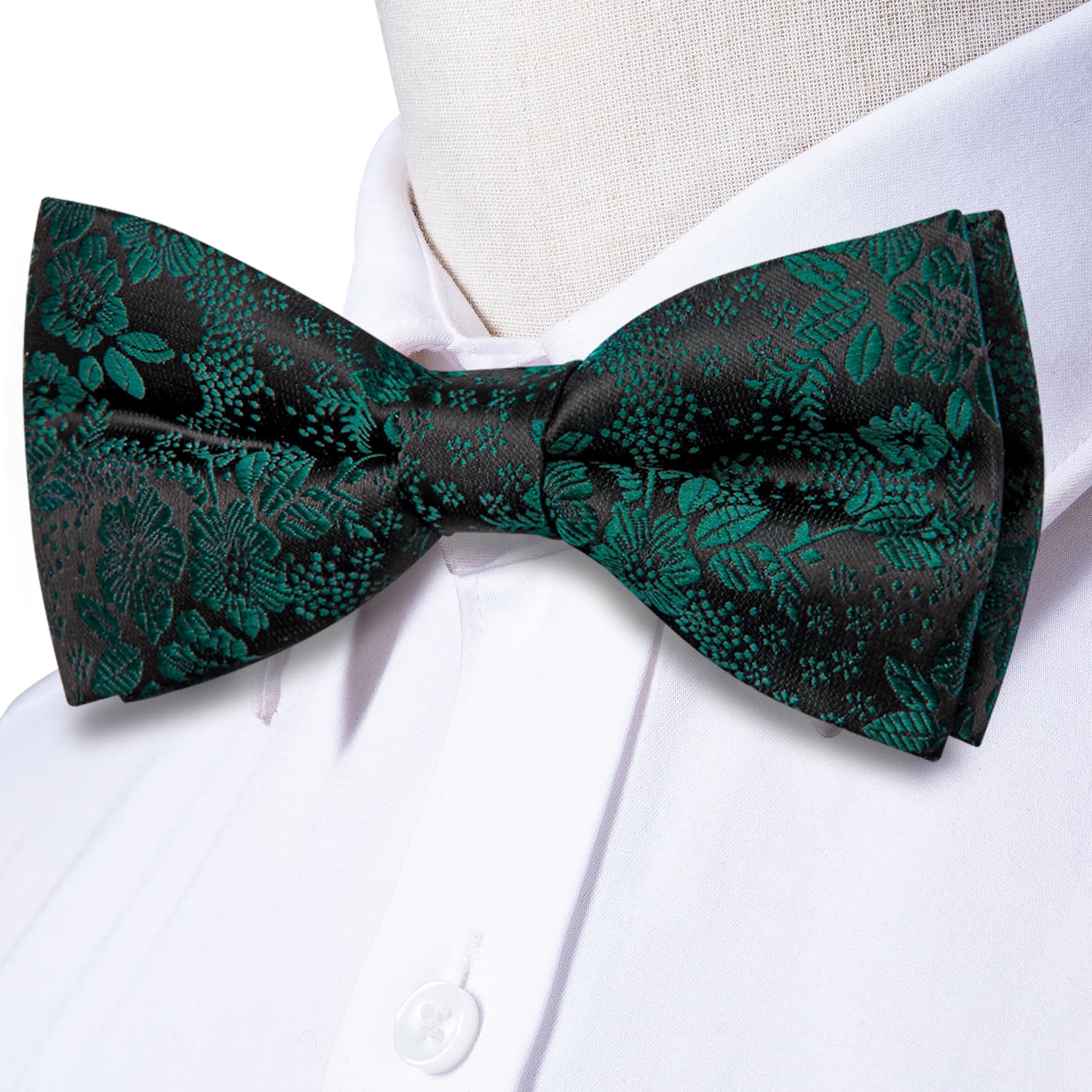 Black Pre-Tied Bow Tie Emerald Green Jacquard Floral Tie Set