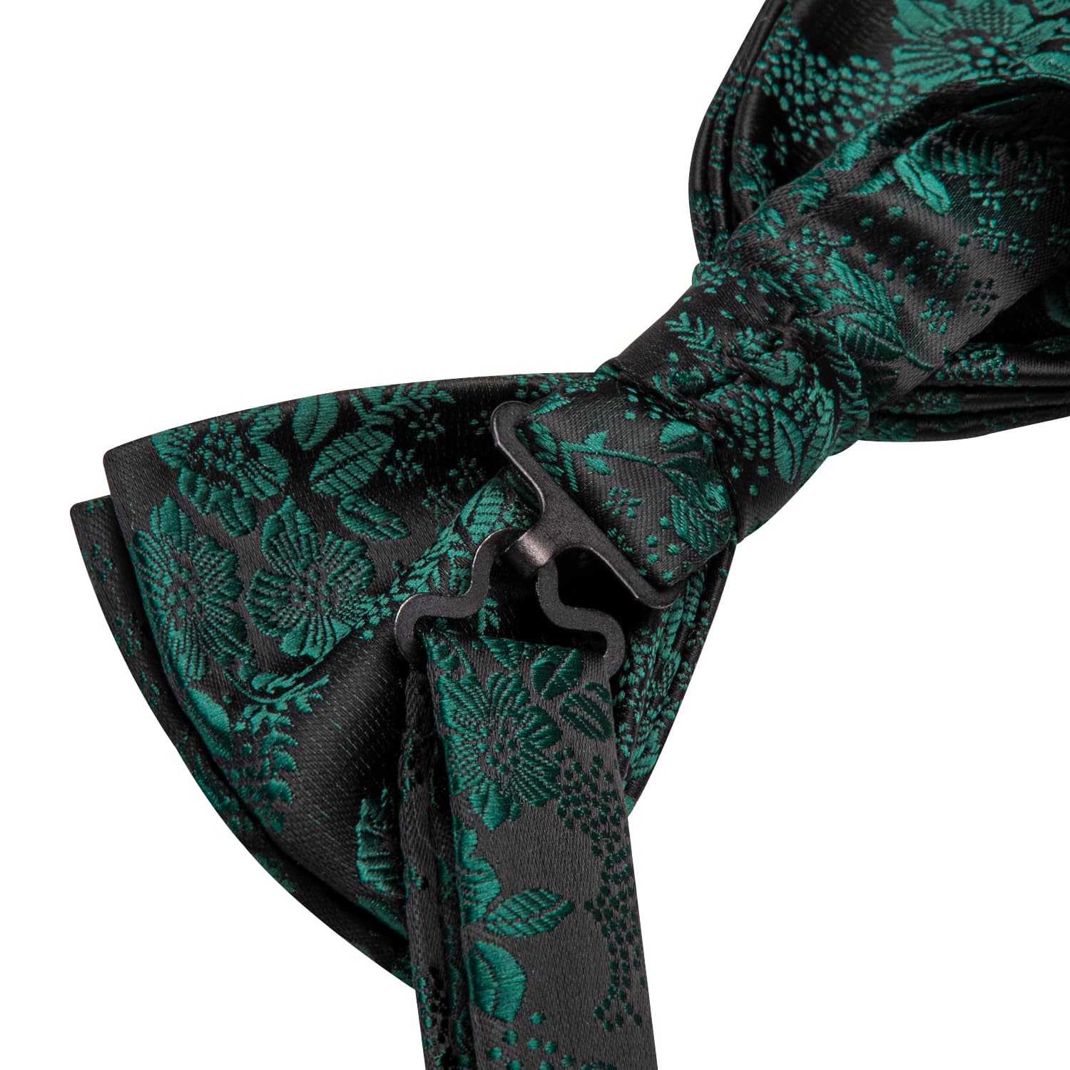 Black Pre-Tied Bow Tie Emerald Green Jacquard Floral Tie Set