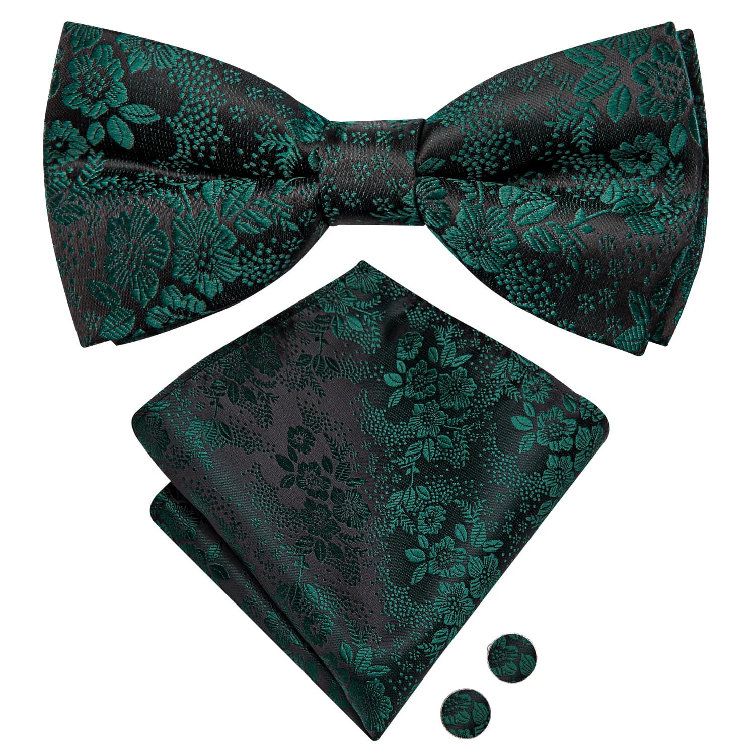 Black Pre-Tied Bow Tie Emerald Green Jacquard Floral Tie Set