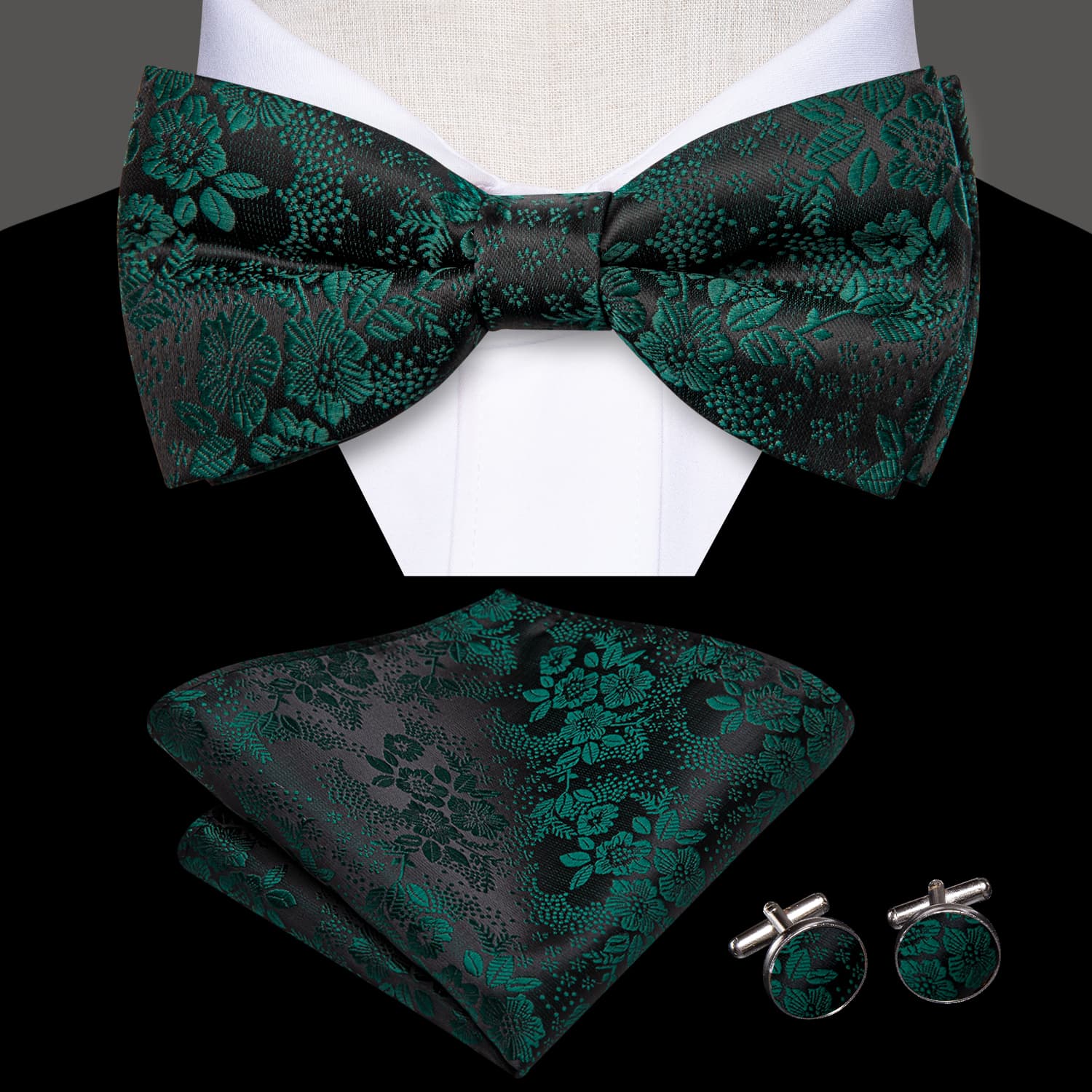 Black Pre-Tied Bow Tie Emerald Green Jacquard Floral Tie Set