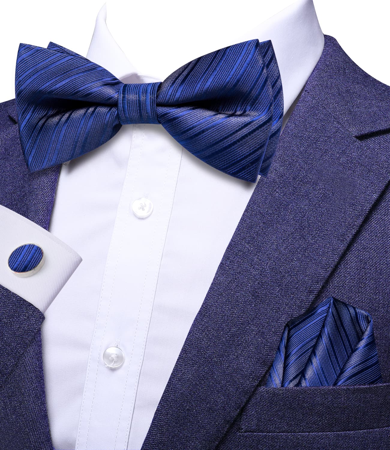 Cerulean Blue Woven Striped Bow Tie Pocket Square Cufflinks Set