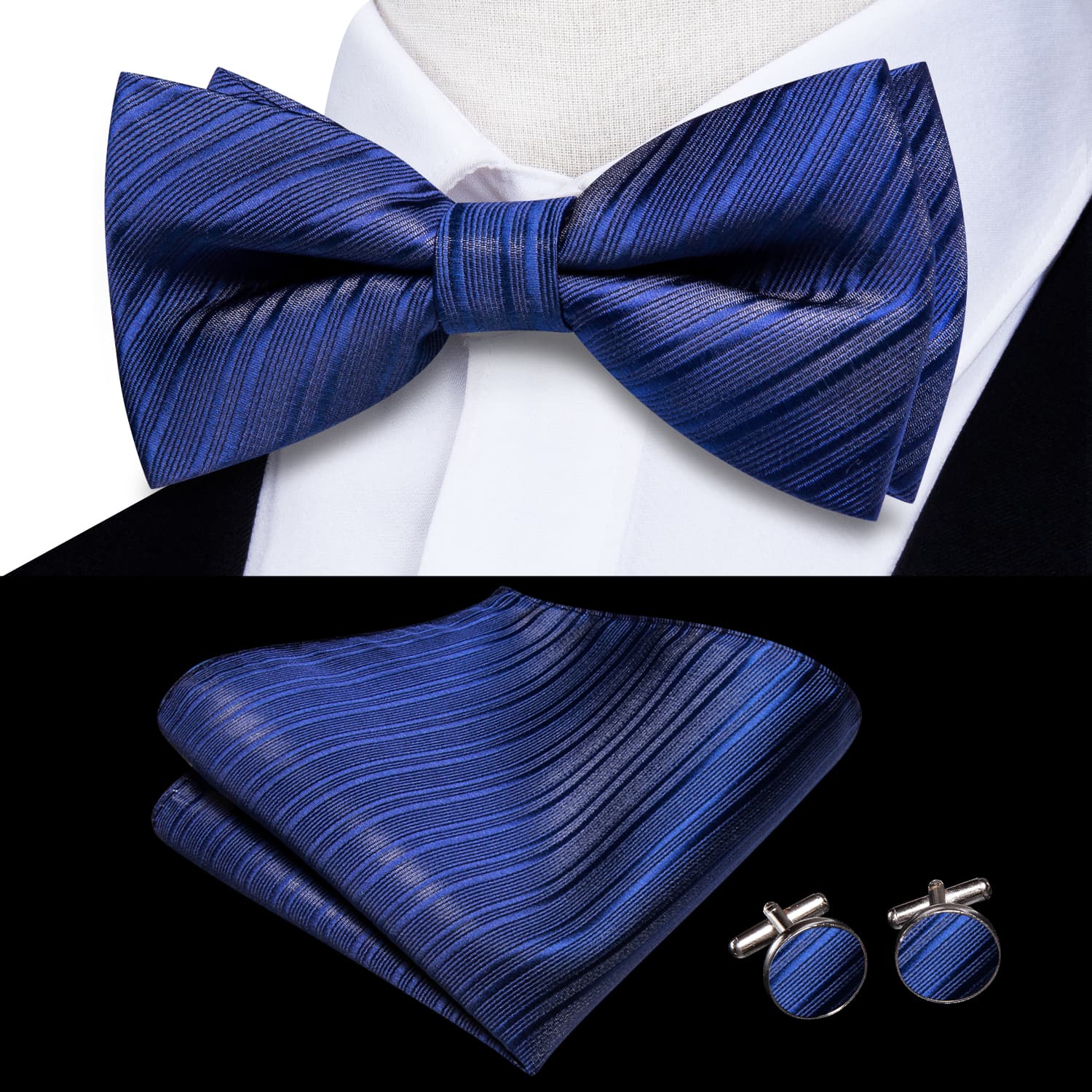 Cerulean Blue Woven Striped Bow Tie Pocket Square Cufflinks Set