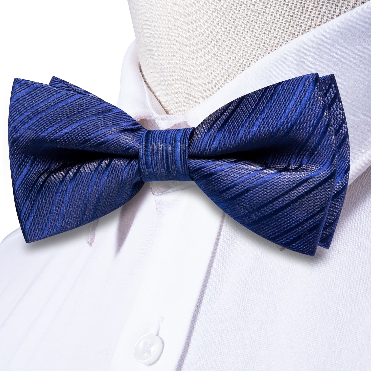 Cerulean Blue Woven Striped Bow Tie Pocket Square Cufflinks Set