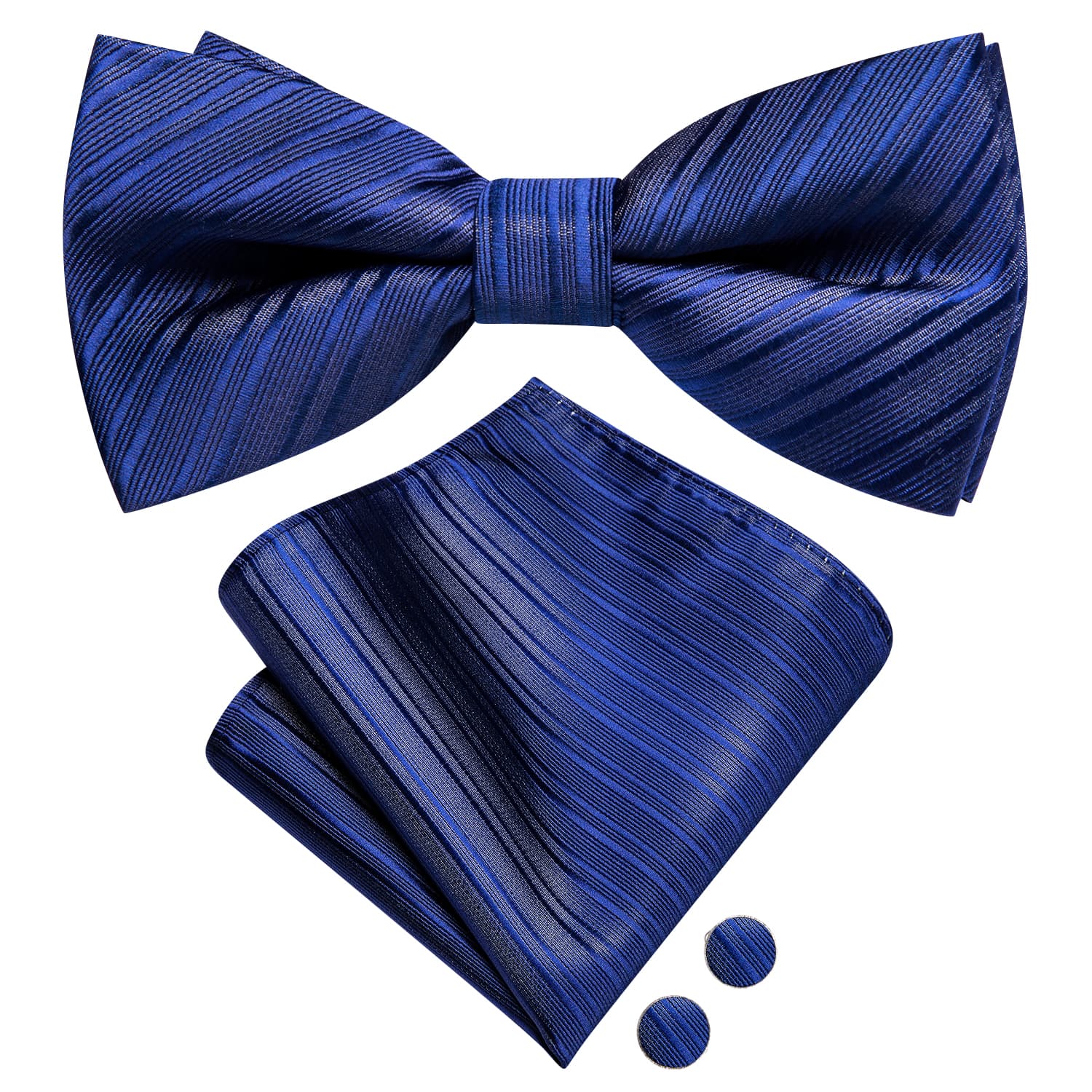 Cerulean Blue Woven Striped Bow Tie Pocket Square Cufflinks Set