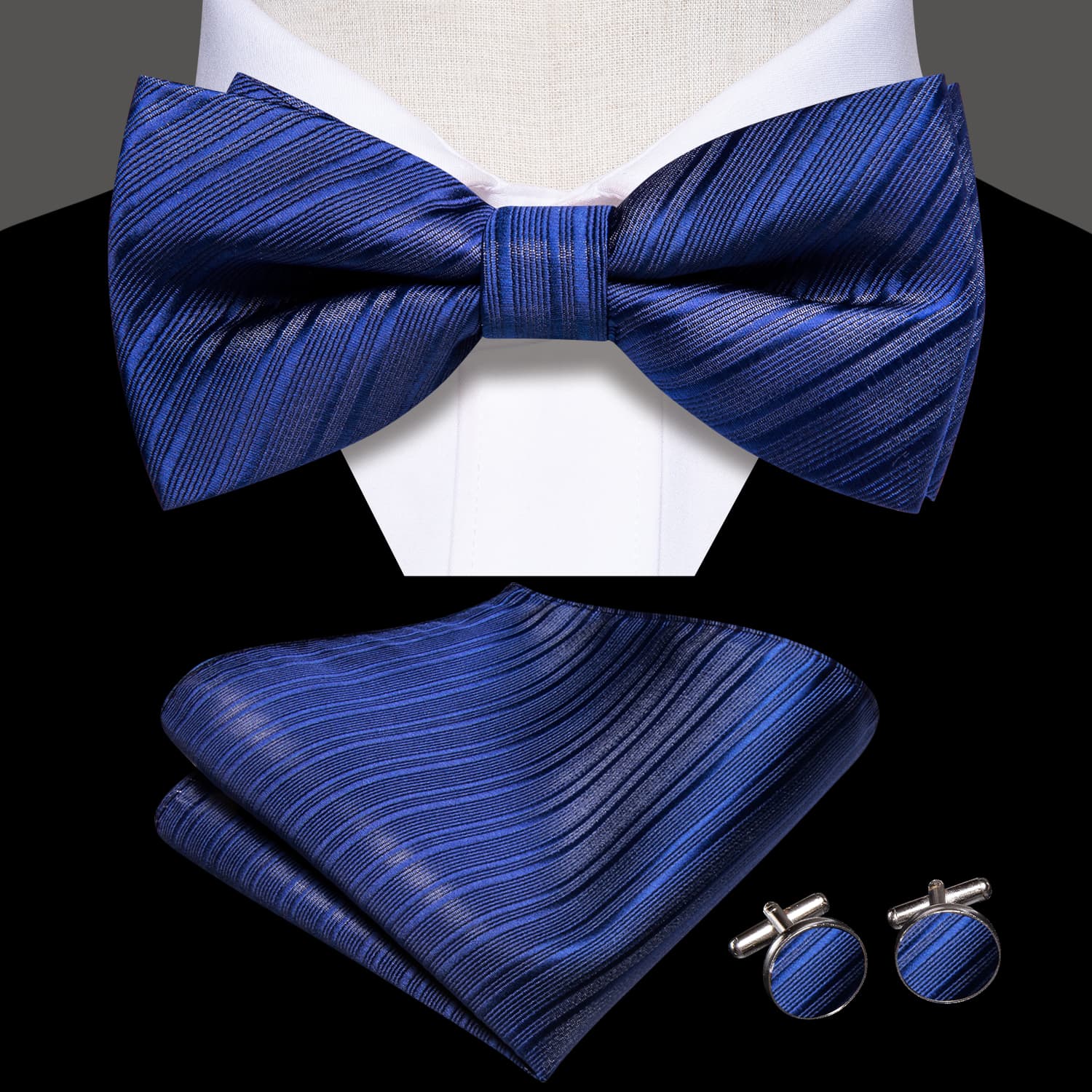 Cerulean Blue Woven Striped Bow Tie Pocket Square Cufflinks Set