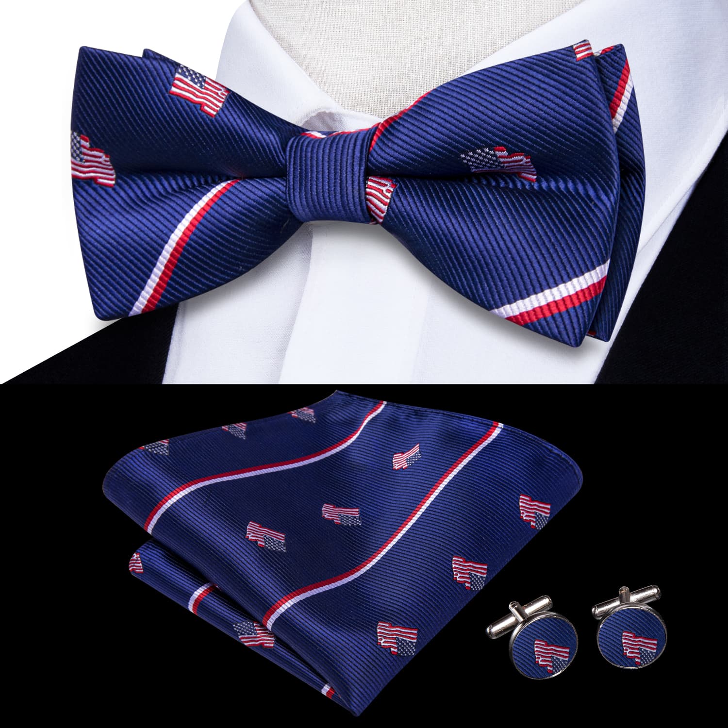 Deep Blue Bowtie American Flag Pattern Tie Hanky Cufflinks Set