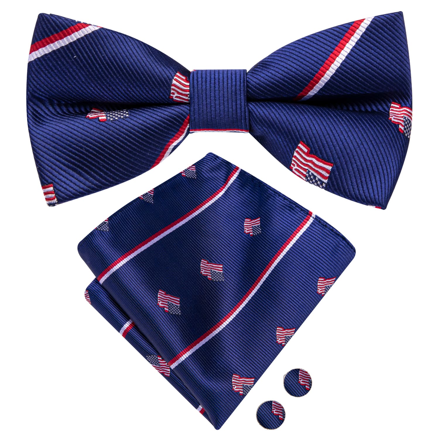 Deep Blue Bowtie American Flag Pattern Tie Hanky Cufflinks Set