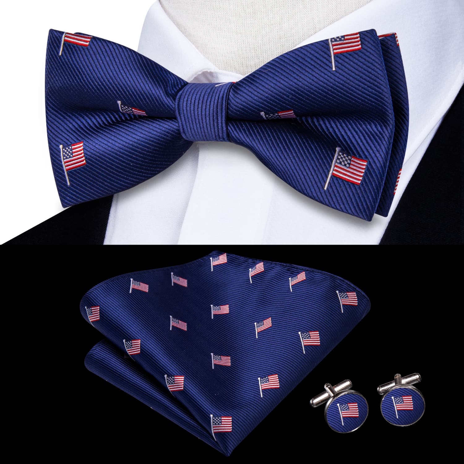 Royal Blue Bowtie American Flag Pattern Tie Hanky Cufflinks Set