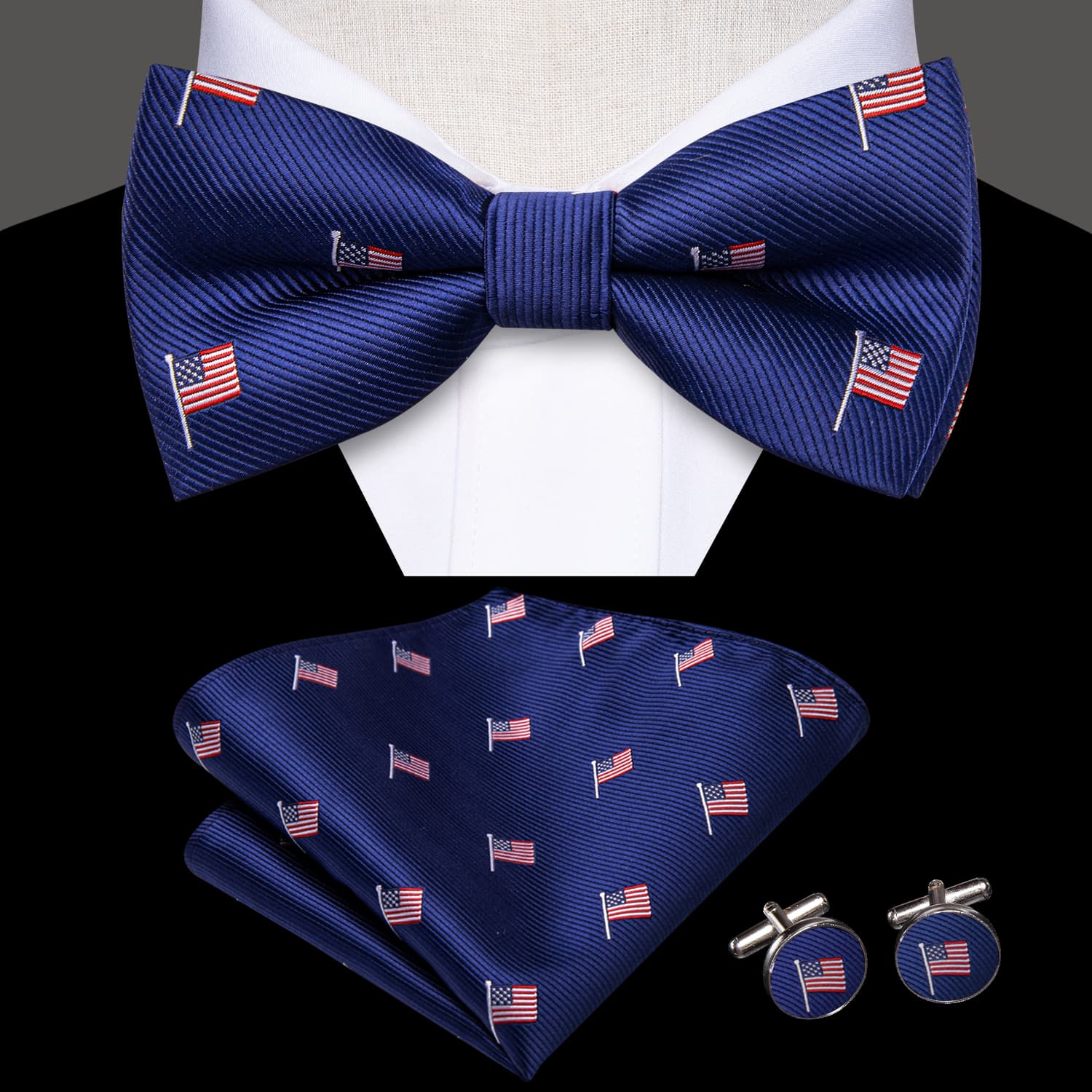 Royal Blue Bowtie American Flag Pattern Tie Hanky Cufflinks Set