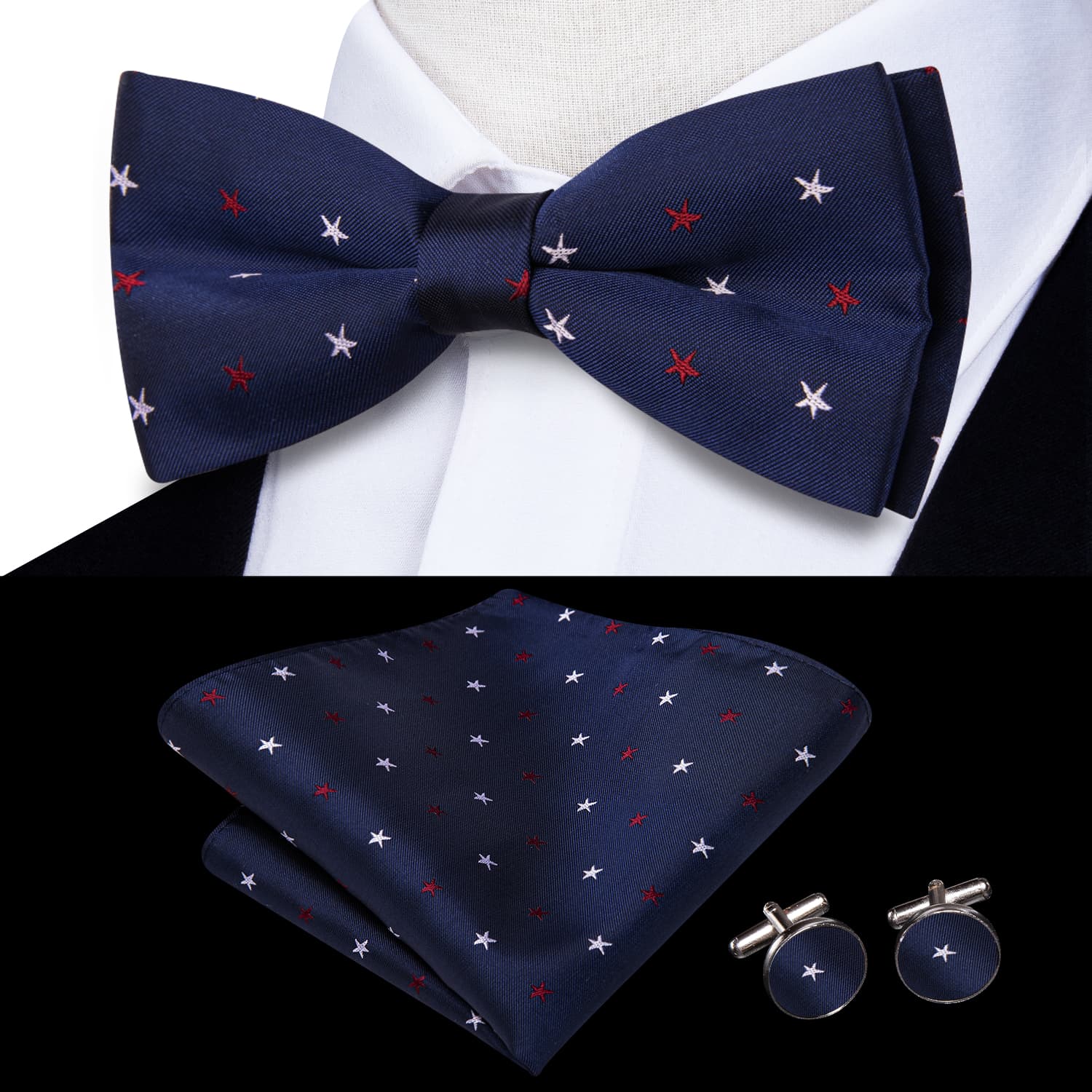  Deep Blue Bowtie Red White Star Pattern Tie Hanky Cufflinks Set