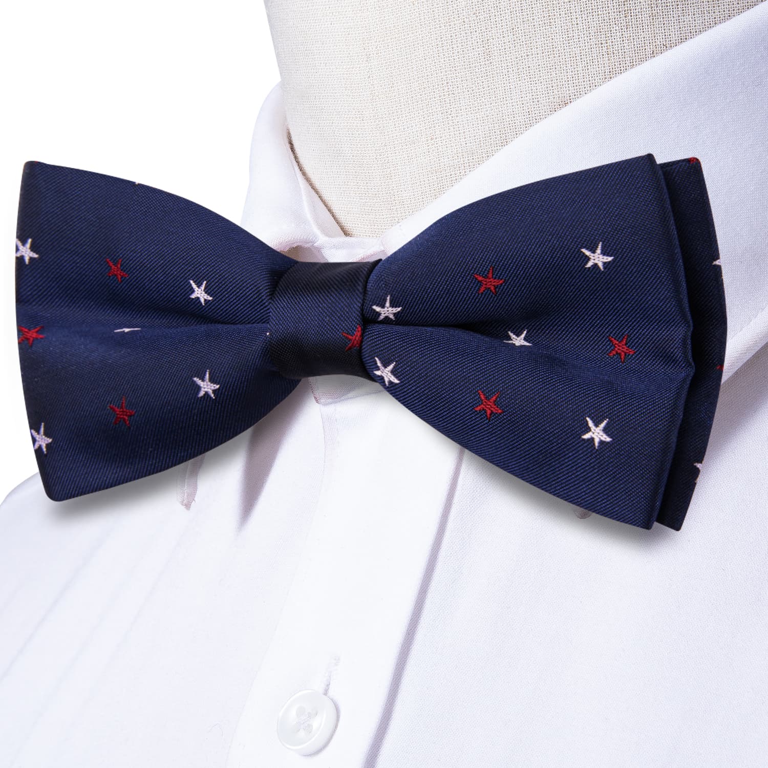  Deep Blue Bowtie Red White Star Pattern Tie Hanky Cufflinks Set